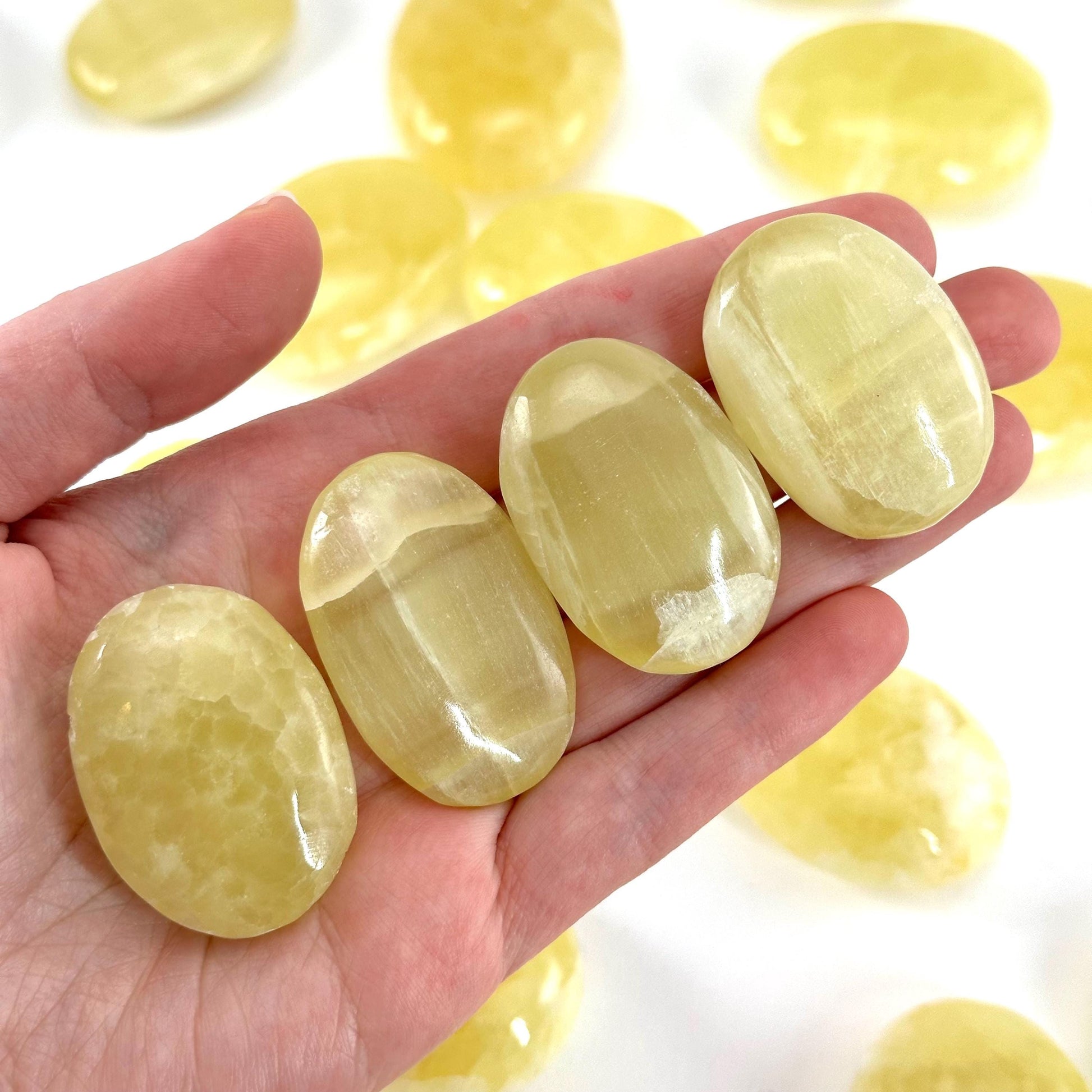 Lemon Calcite Palm Stone | Polished Yellow Crystal Worry Stone (Solar Plexus Chakra)