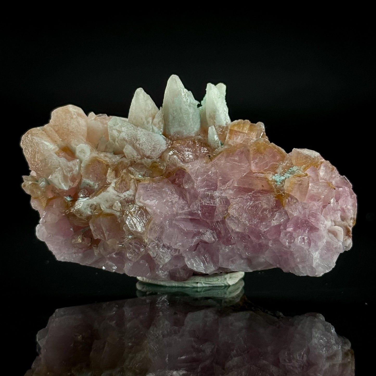 Gem Cobaltoan Calcite with Bisbeeite & Chrysocolla | translucent pink crystal cluster, mineral specimen