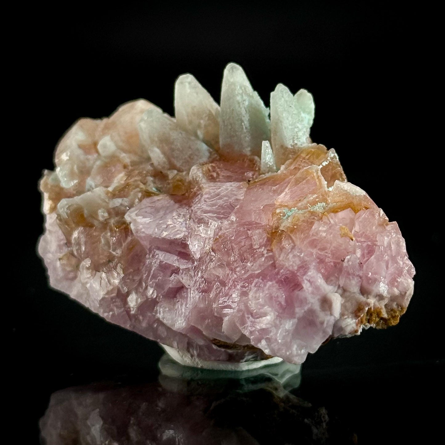 Gem Cobaltoan Calcite with Bisbeeite & Chrysocolla | translucent pink crystal cluster, mineral specimen