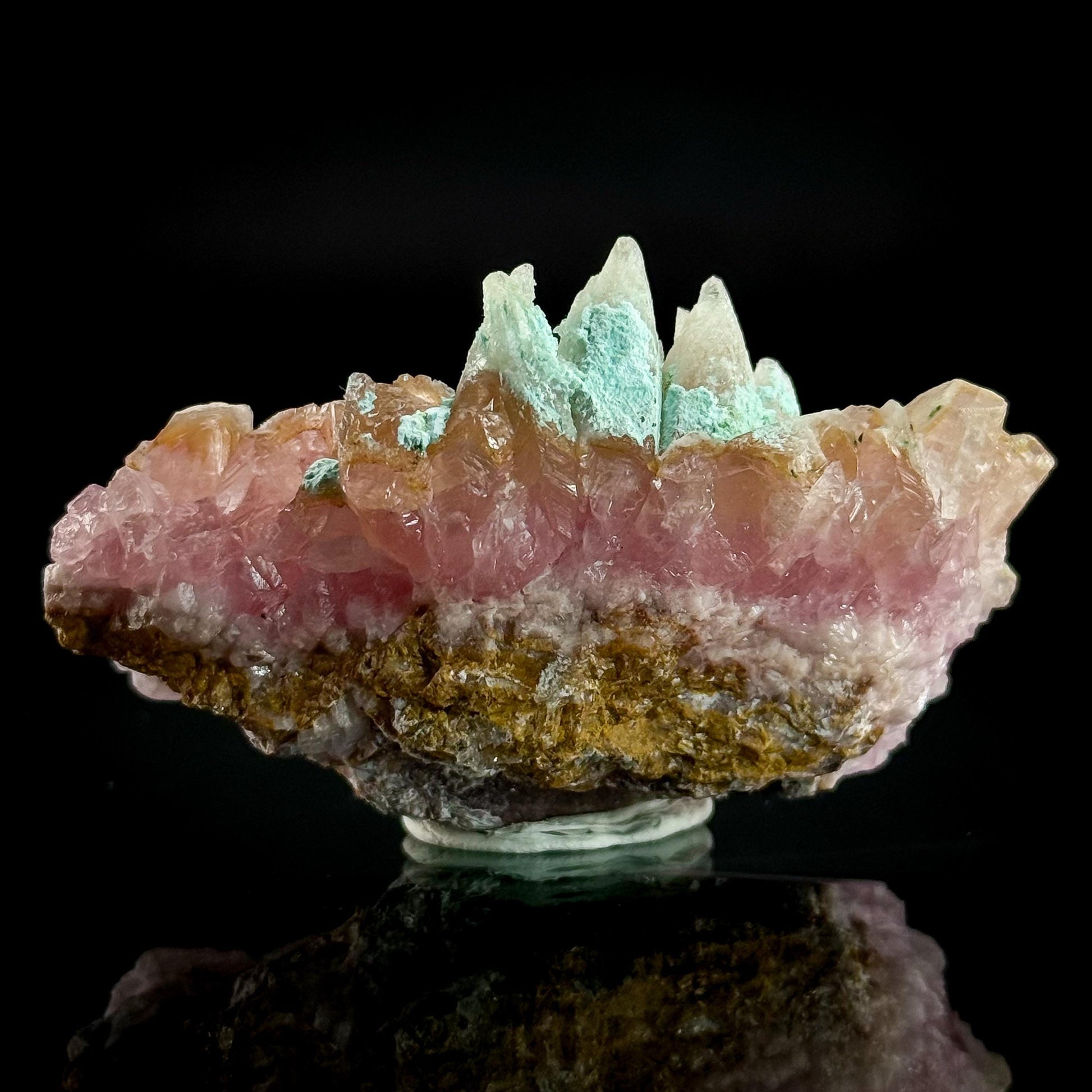 Gem Cobaltoan Calcite with Bisbeeite & Chrysocolla | translucent pink crystal cluster, mineral specimen