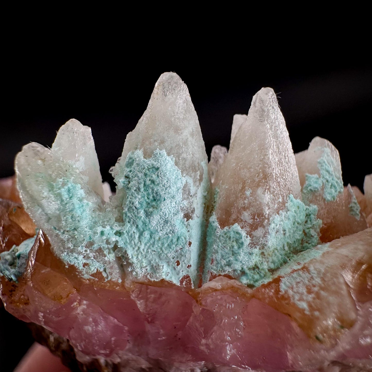 Gem Cobaltoan Calcite with Bisbeeite & Chrysocolla | translucent pink crystal cluster, mineral specimen