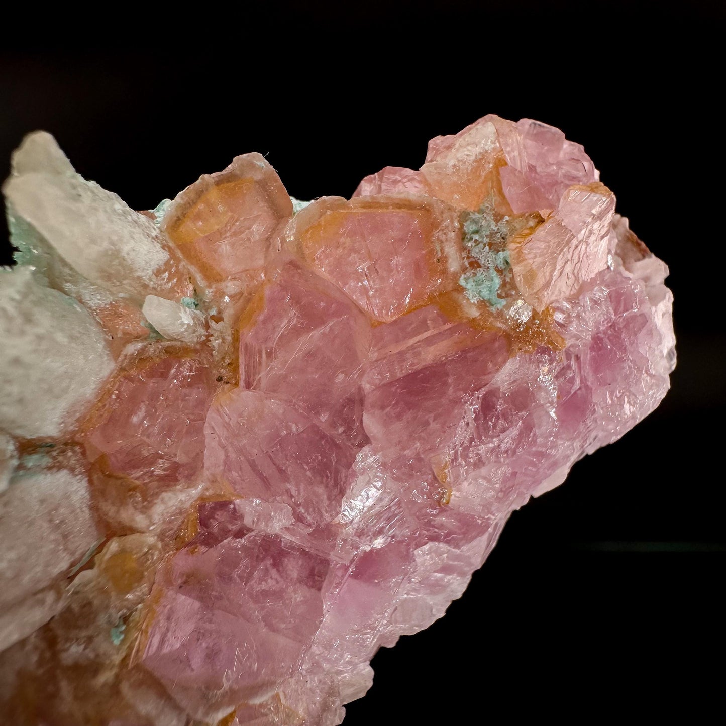 Gem Cobaltoan Calcite with Bisbeeite & Chrysocolla | translucent pink crystal cluster, mineral specimen
