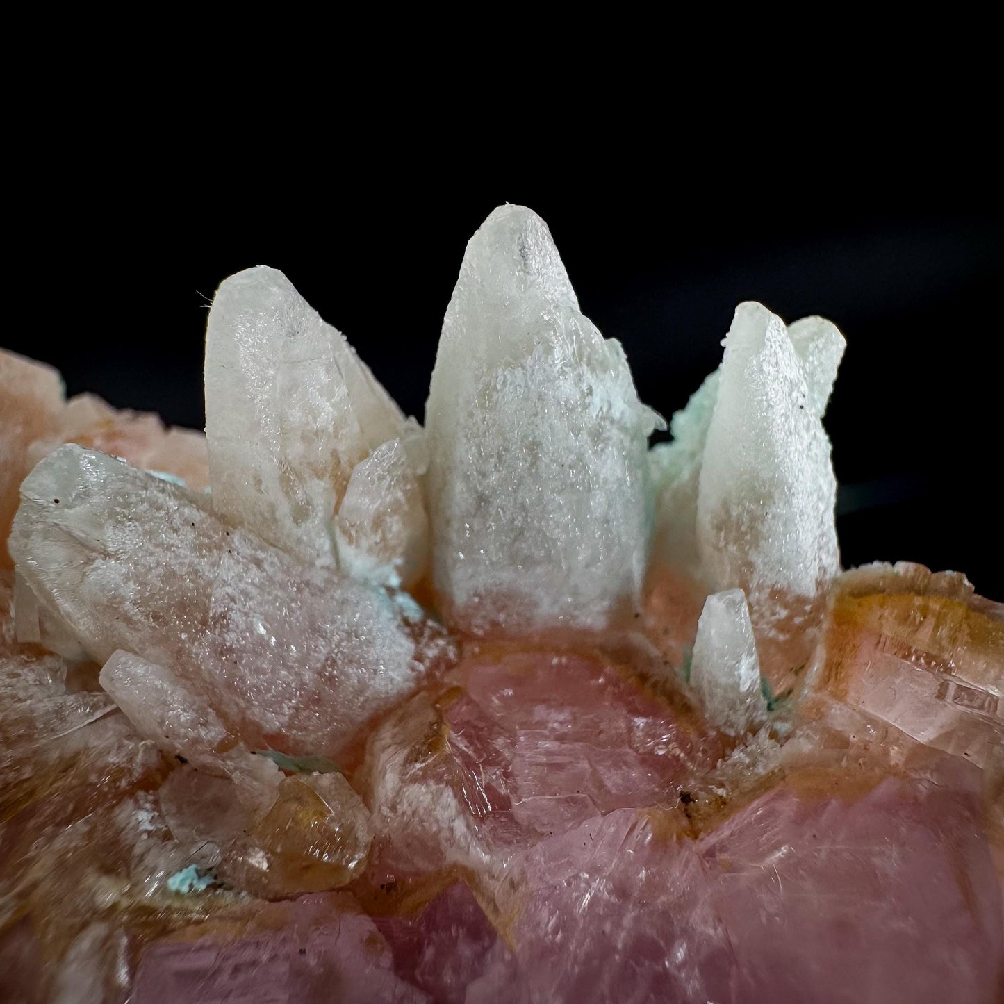 Gem Cobaltoan Calcite with Bisbeeite & Chrysocolla | translucent pink crystal cluster, mineral specimen
