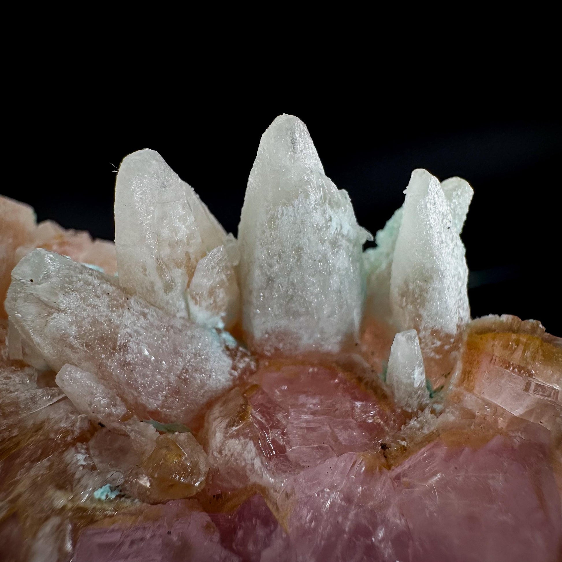 Gem Cobaltoan Calcite with Bisbeeite & Chrysocolla | translucent pink crystal cluster, mineral specimen