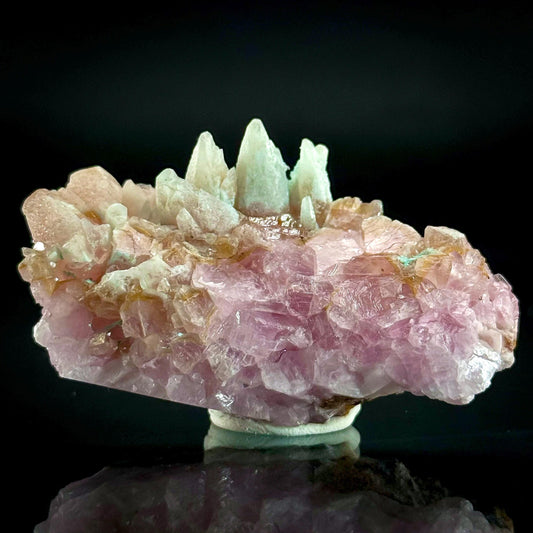 Gem Cobaltoan Calcite with Bisbeeite & Chrysocolla | translucent pink crystal cluster, mineral specimen