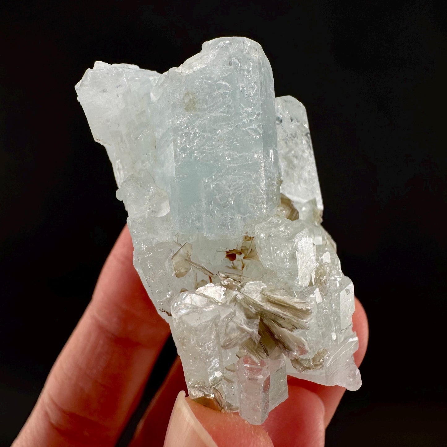 Aquamarine with Muscovite | terminated blue beryl crystal, natural mineral specimen