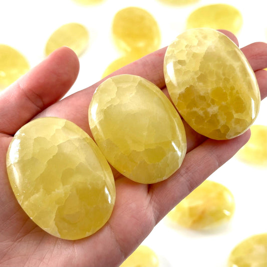 Lemon Calcite Palm Stone | Polished Yellow Crystal Worry Stone (Solar Plexus Chakra)