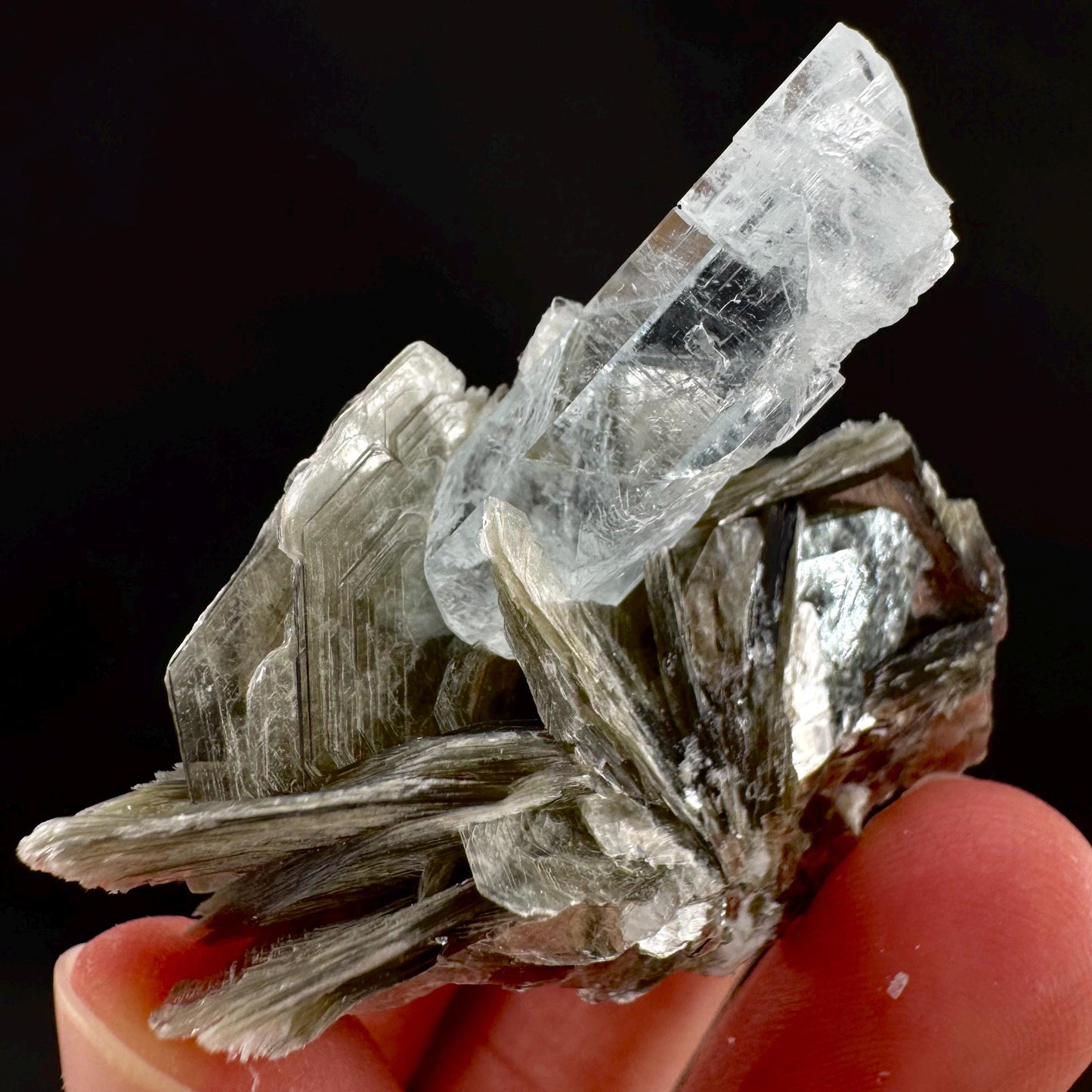 Aquamarine with Muscovite | terminated blue beryl crystal, natural mineral specimen