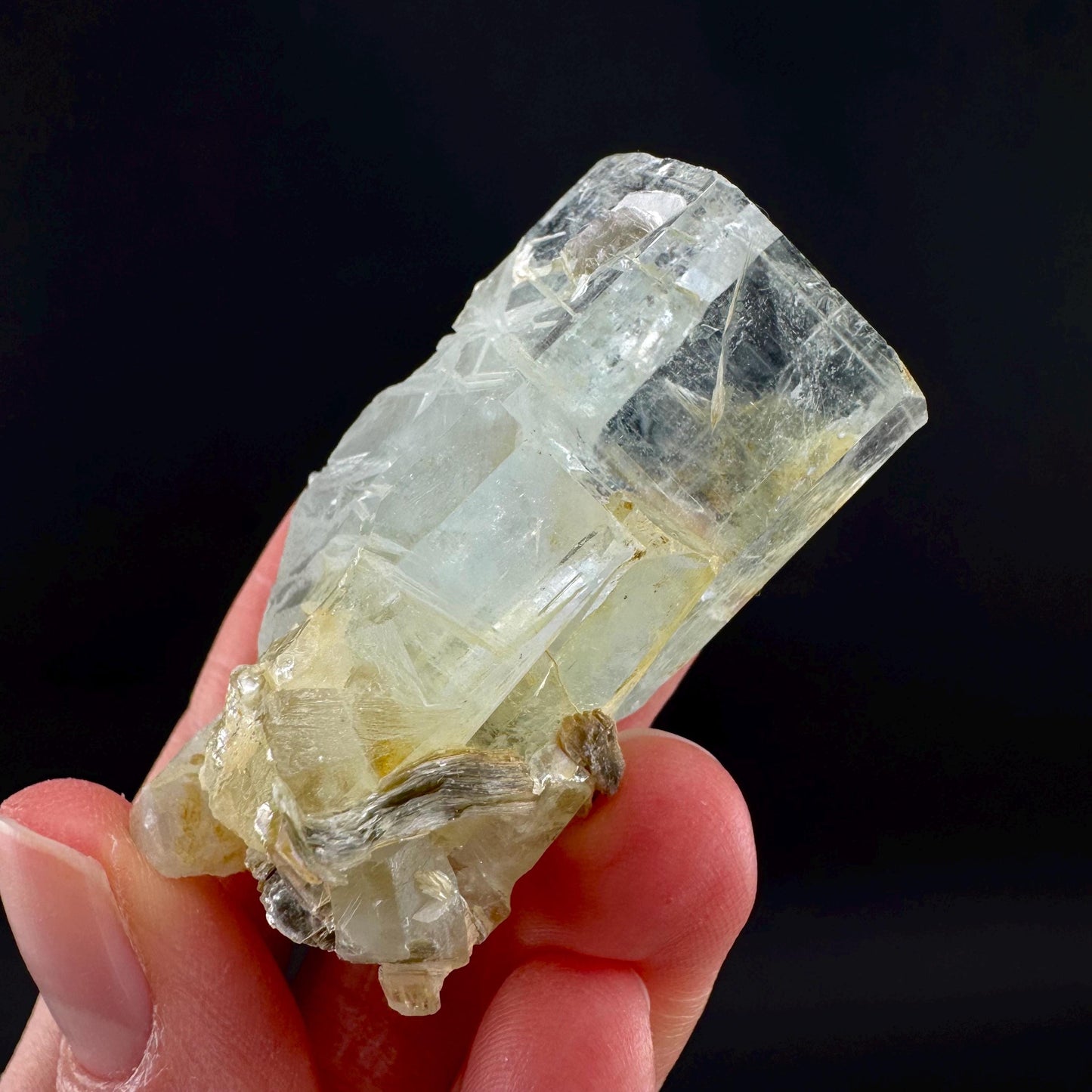 Aquamarine with Muscovite | terminated blue beryl crystal, natural mineral specimen