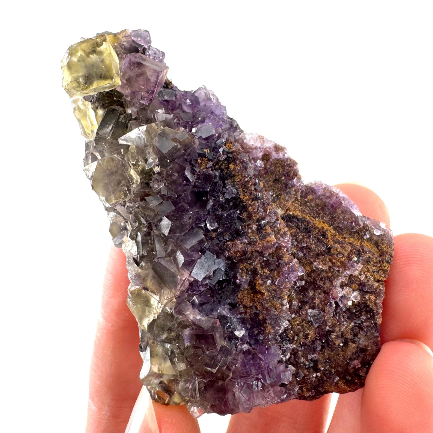 Okorusu Fluorite | “Honey Pocket” yellow & purple crystal cluster, mineral specimen from Namibia