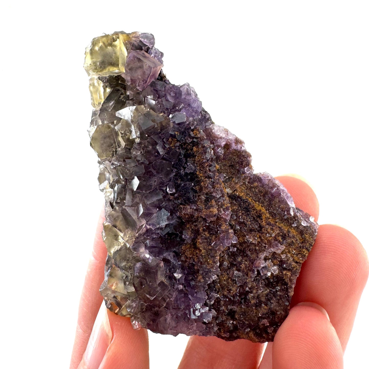 Okorusu Fluorite | “Honey Pocket” yellow & purple crystal cluster, mineral specimen from Namibia
