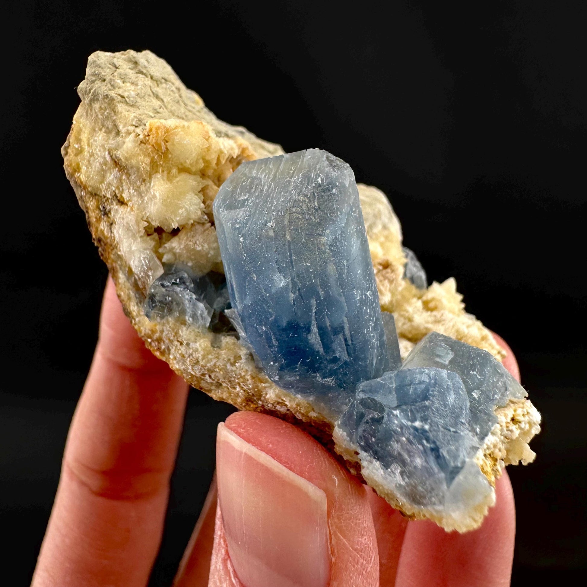 Celestite on Calcite | raw blue celestine crystal cluster, natural mineral specimen