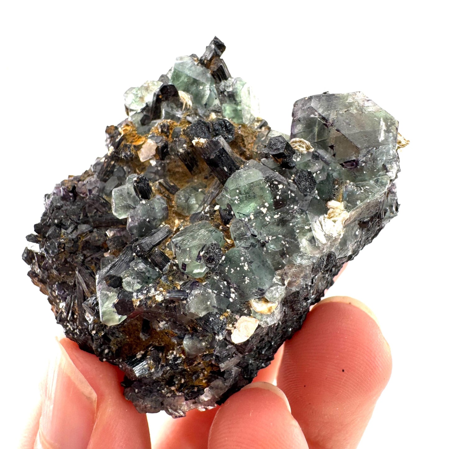 Fluorite w/ Schorl, & Muscovite | “Lollipop Pocket”, green crystal cluster, Erongo mineral specimen