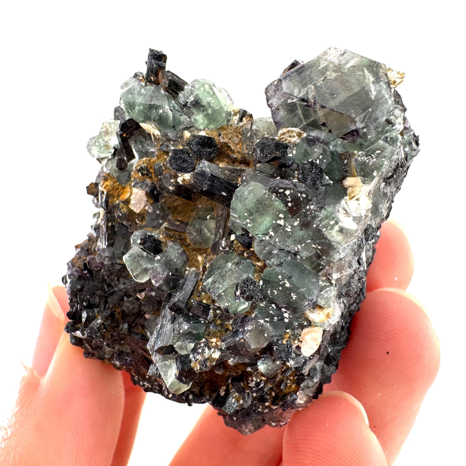 Fluorite w/ Schorl, & Muscovite | “Lollipop Pocket”, green crystal cluster, Erongo mineral specimen