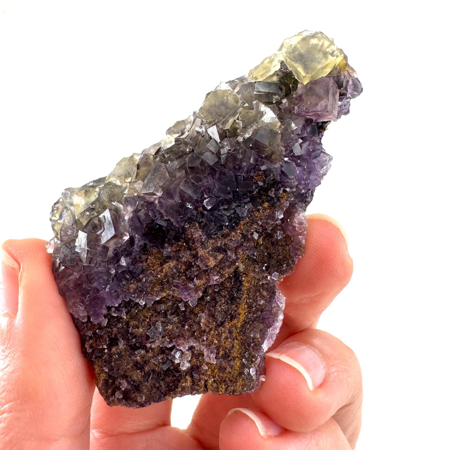 Okorusu Fluorite | “Honey Pocket” yellow & purple crystal cluster, mineral specimen from Namibia