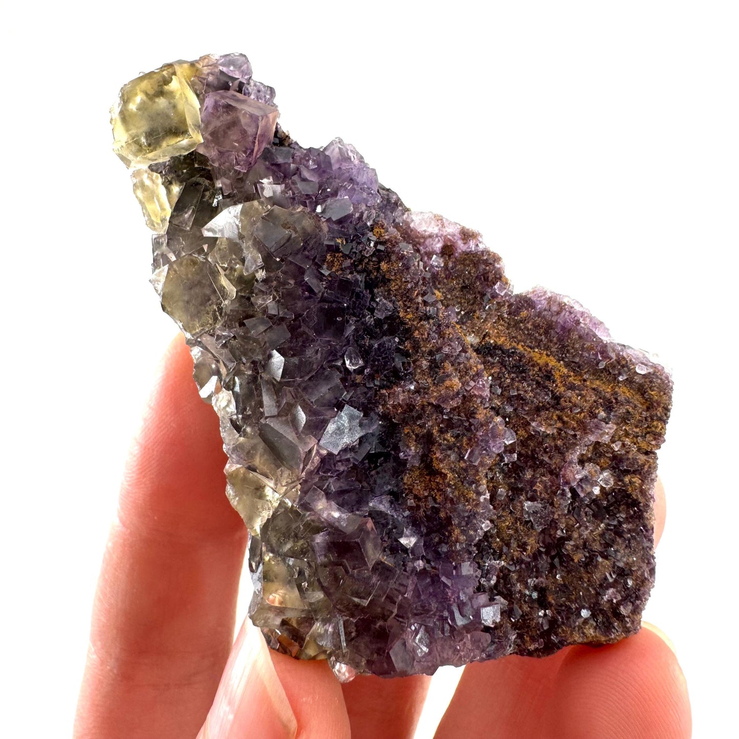Okorusu Fluorite | “Honey Pocket” yellow & purple crystal cluster, mineral specimen from Namibia