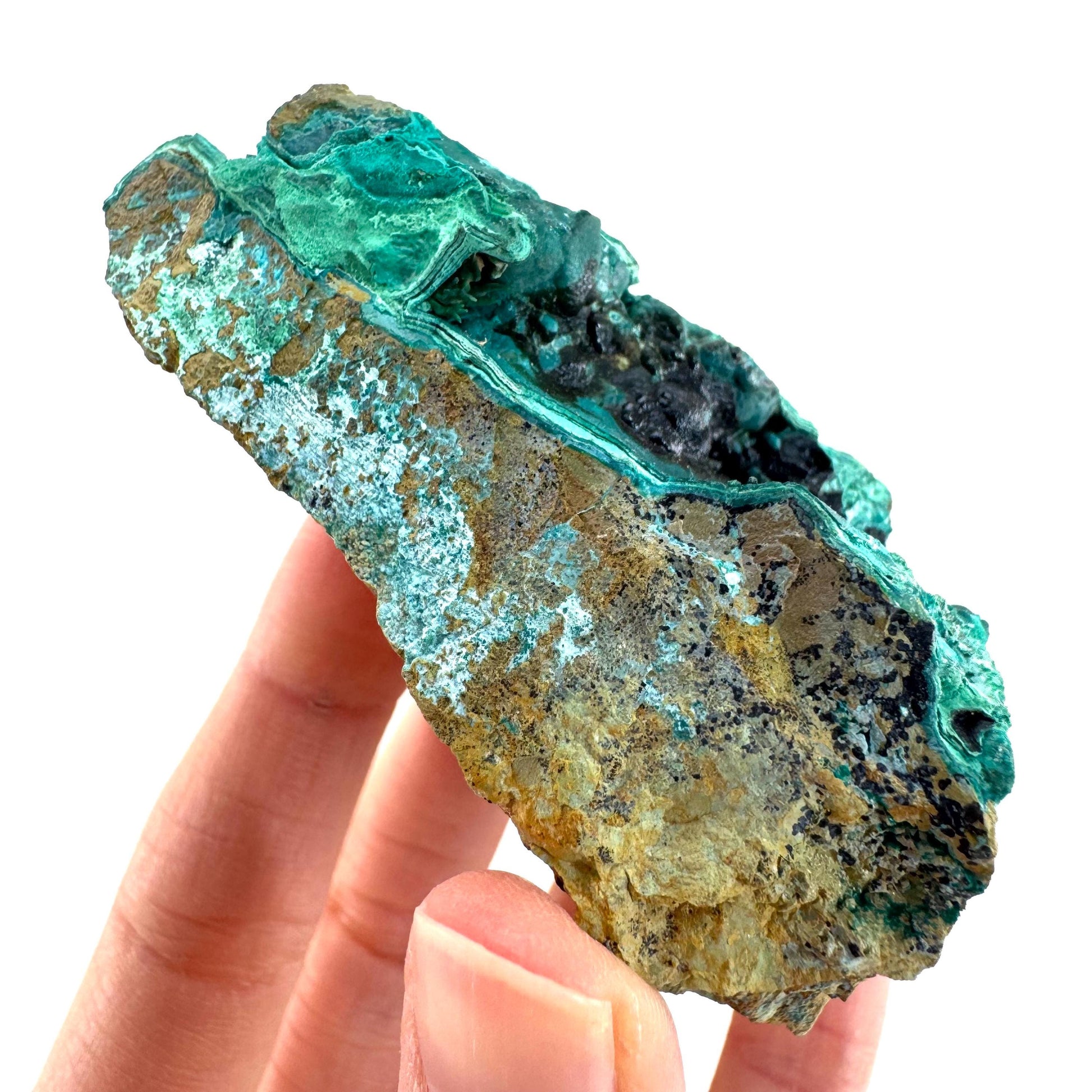 Malachite, Chrysocolla, & Heterogenite | raw green-blue crystal cluster, mineral specimen