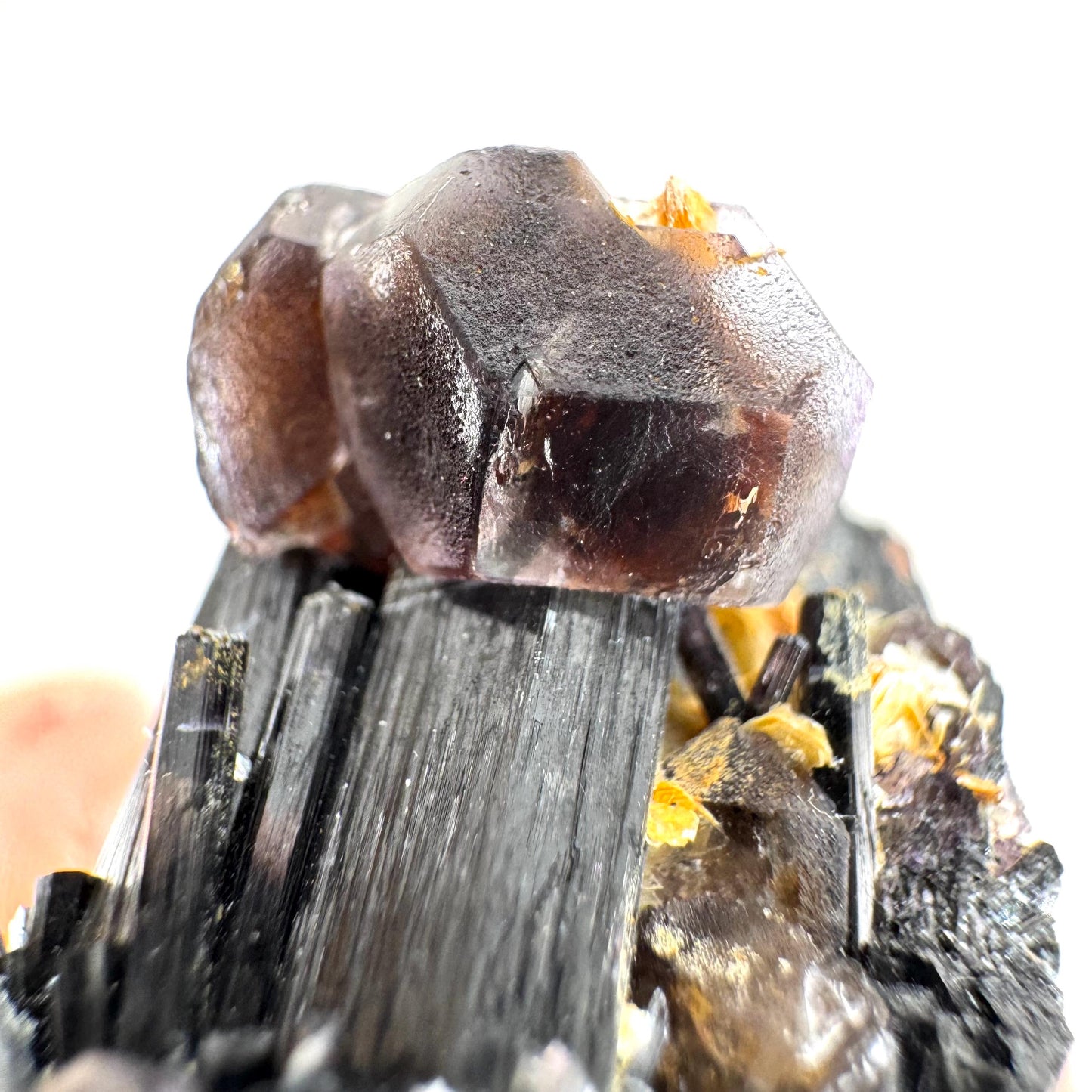 Fluorite & Hyalite Opal on Black Tourmaline | chocolate brown crystal cluster, Erongo mineral specimen