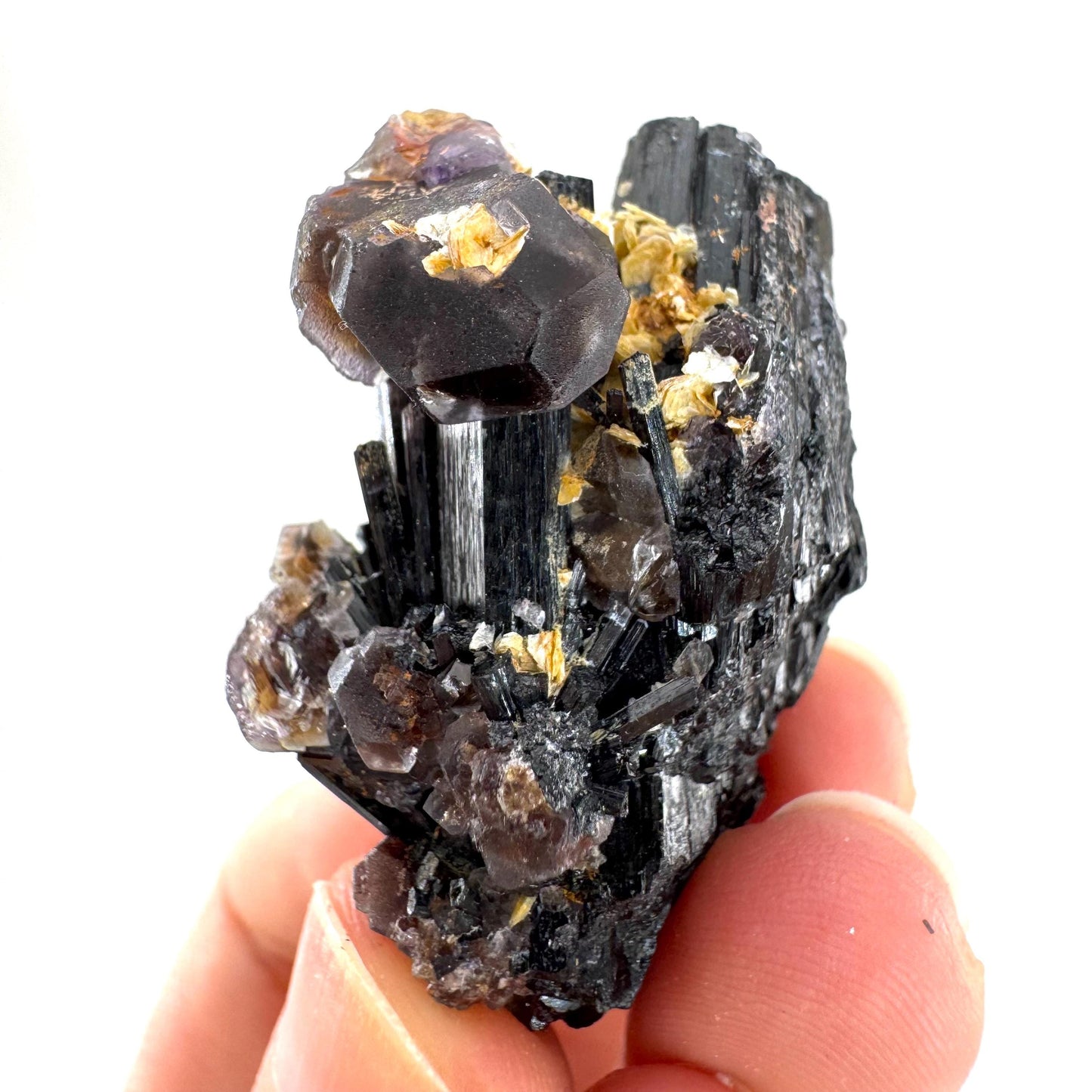 Fluorite & Hyalite Opal on Black Tourmaline | chocolate brown crystal cluster, Erongo mineral specimen