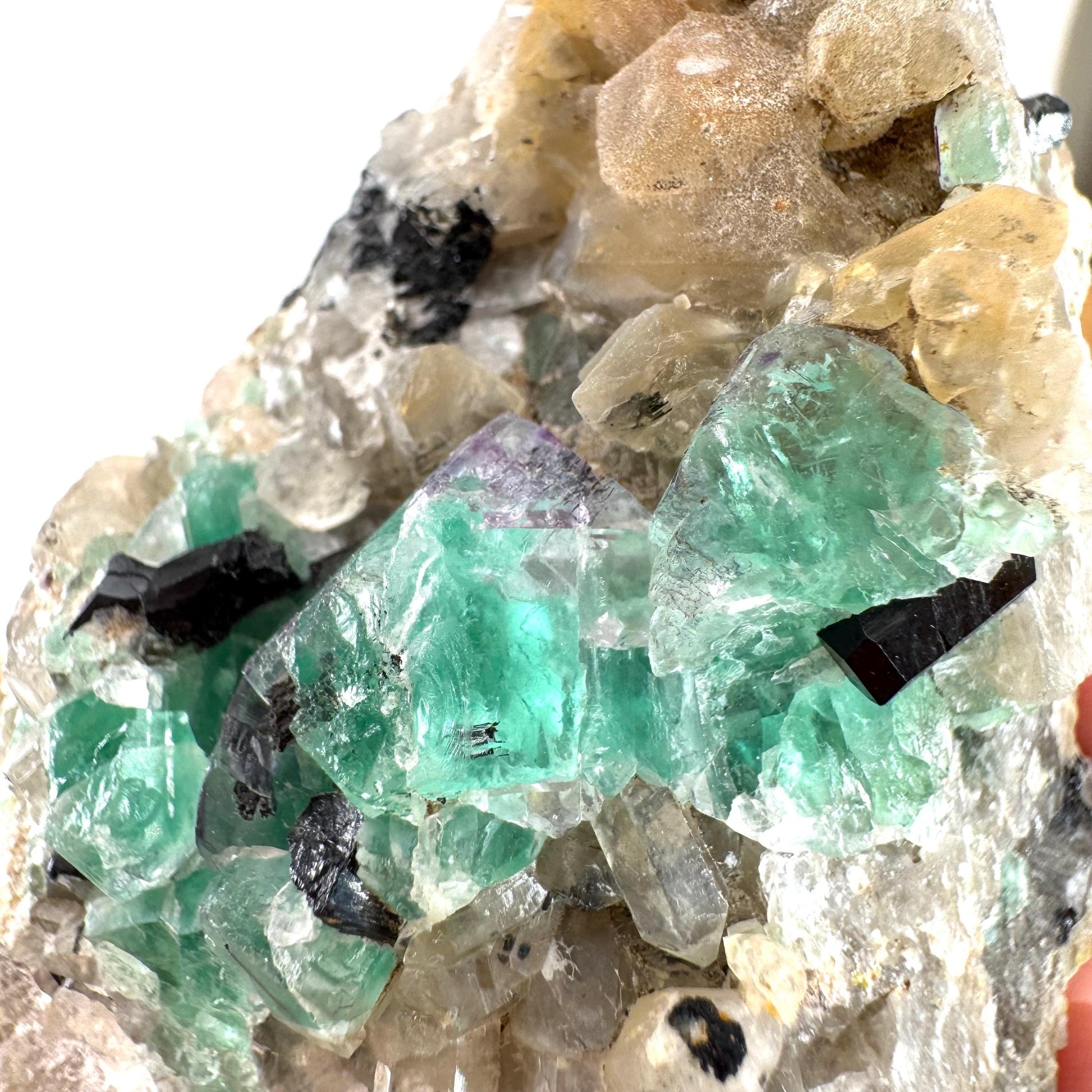 Fluorite w/ Schorl, Quartz & Hyalite Opal | green crystal cluster, Erongo mineral specimen