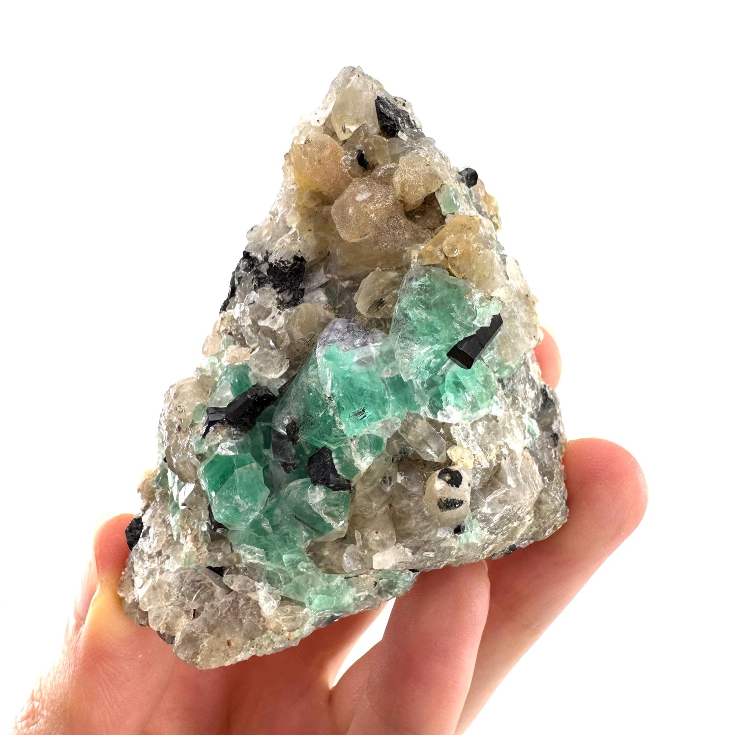 Fluorite w/ Schorl, Quartz & Hyalite Opal | green crystal cluster, Erongo mineral specimen