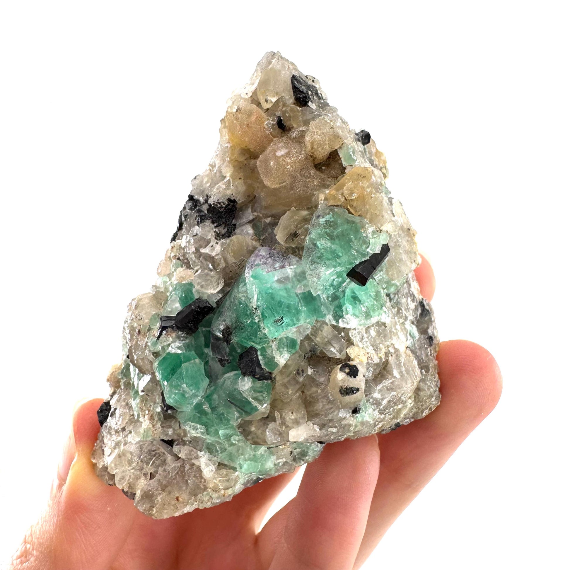 Fluorite w/ Schorl, Quartz & Hyalite Opal | green crystal cluster, Erongo mineral specimen
