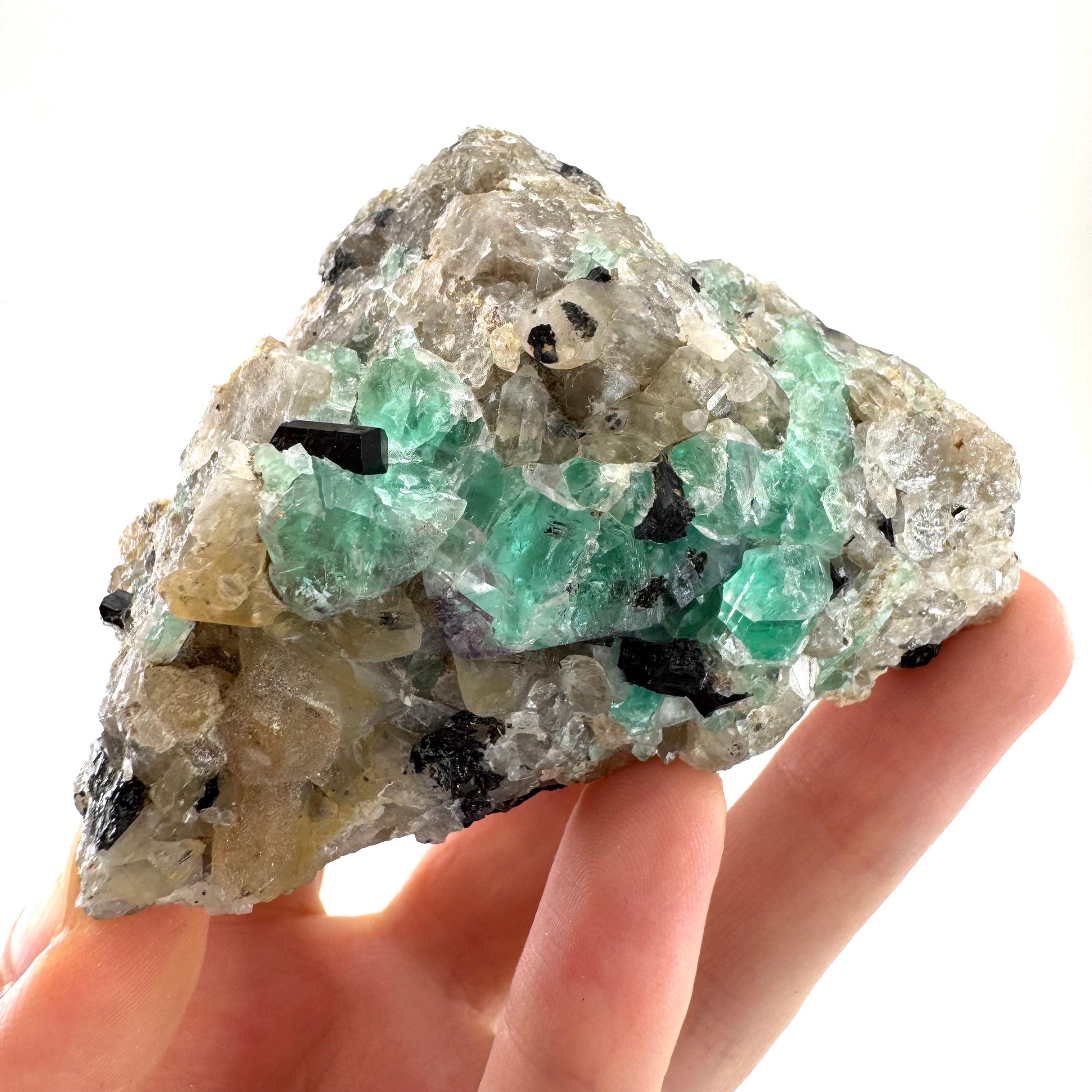 Fluorite w/ Schorl, Quartz & Hyalite Opal | green crystal cluster, Erongo mineral specimen