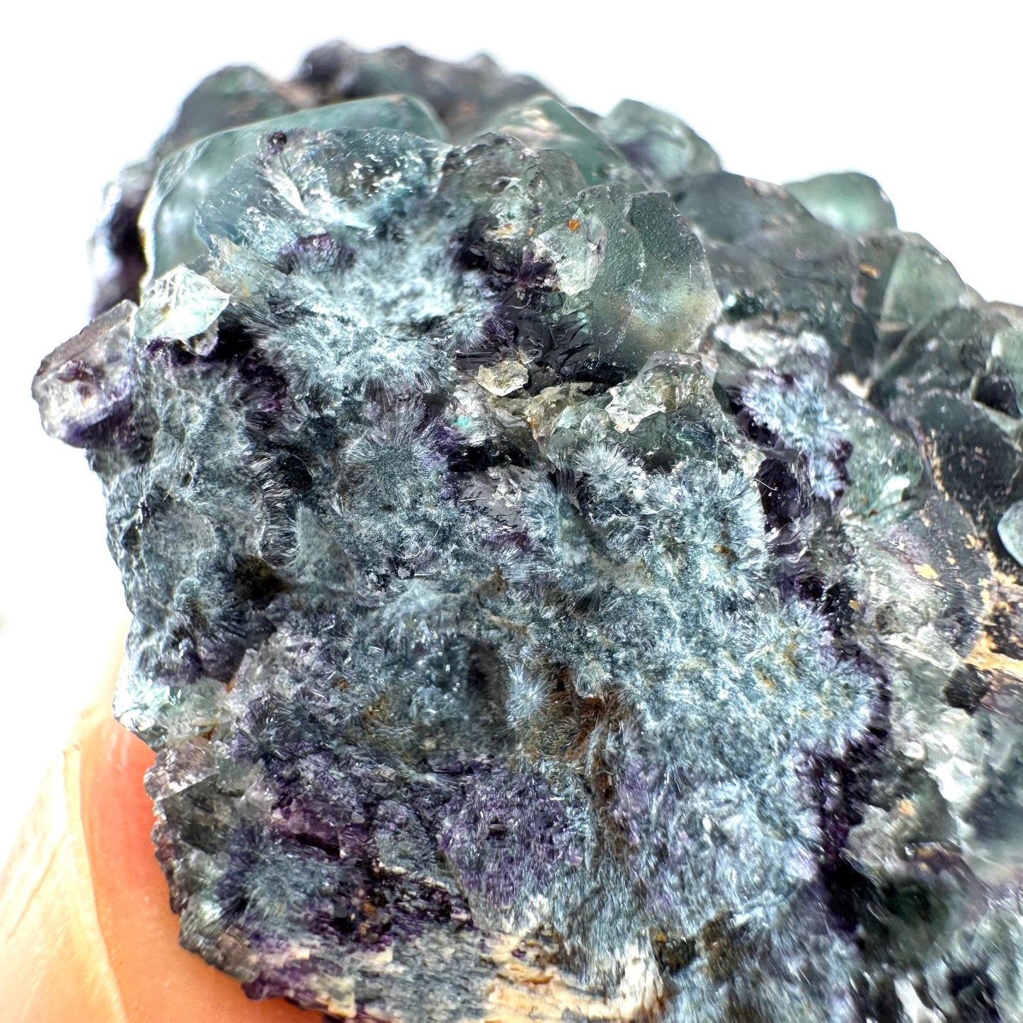 Fluorite & Foitite on Feldspar | green-blue crystal cluster, Erongo mineral specimen