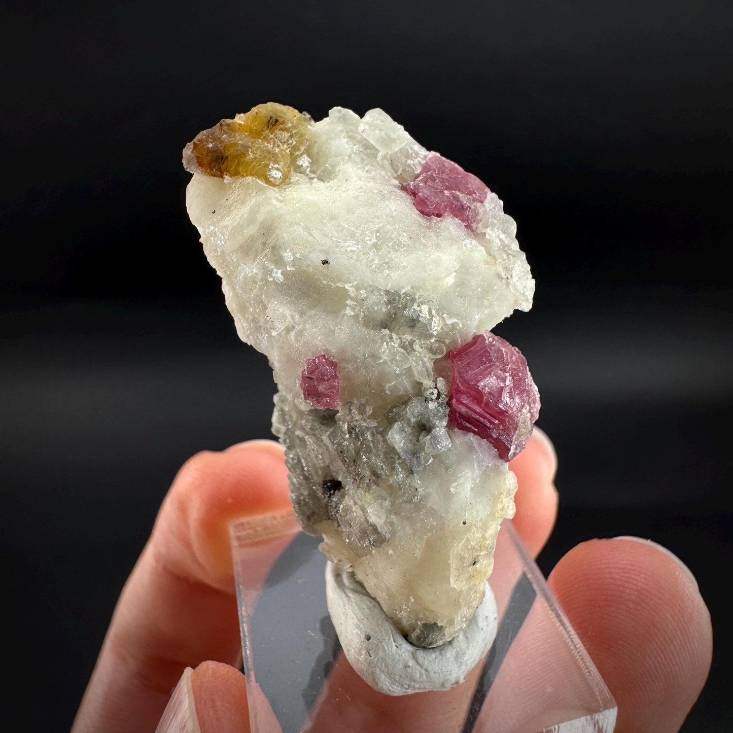 Spinel & Orange Titanite on Calcite Matrix | Natural red UV reactive crystal, mineral specimen from Afghanistan