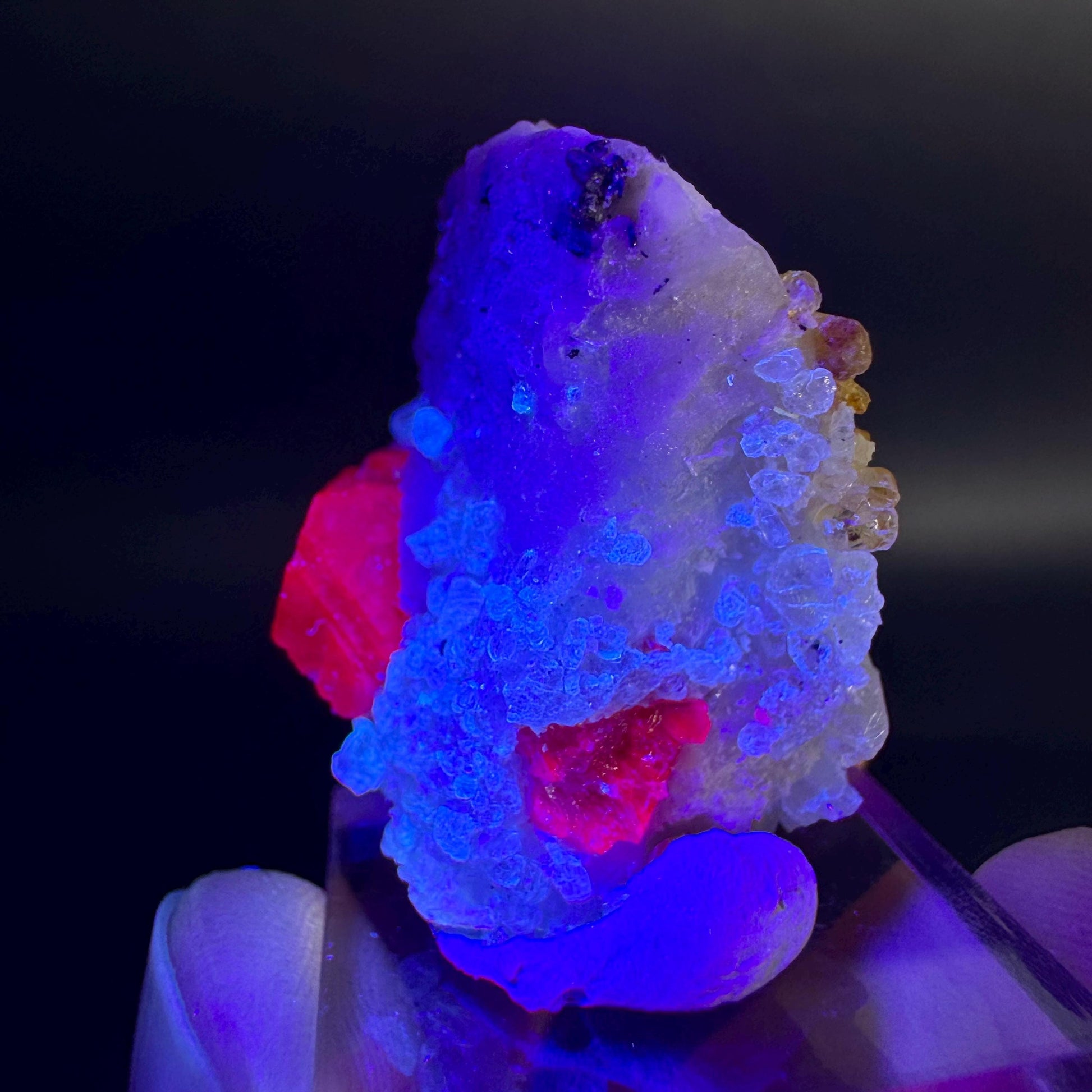 Spinel & Orange Titanite on Calcite Matrix | Natural red UV reactive crystal, mineral specimen from Afghanistan