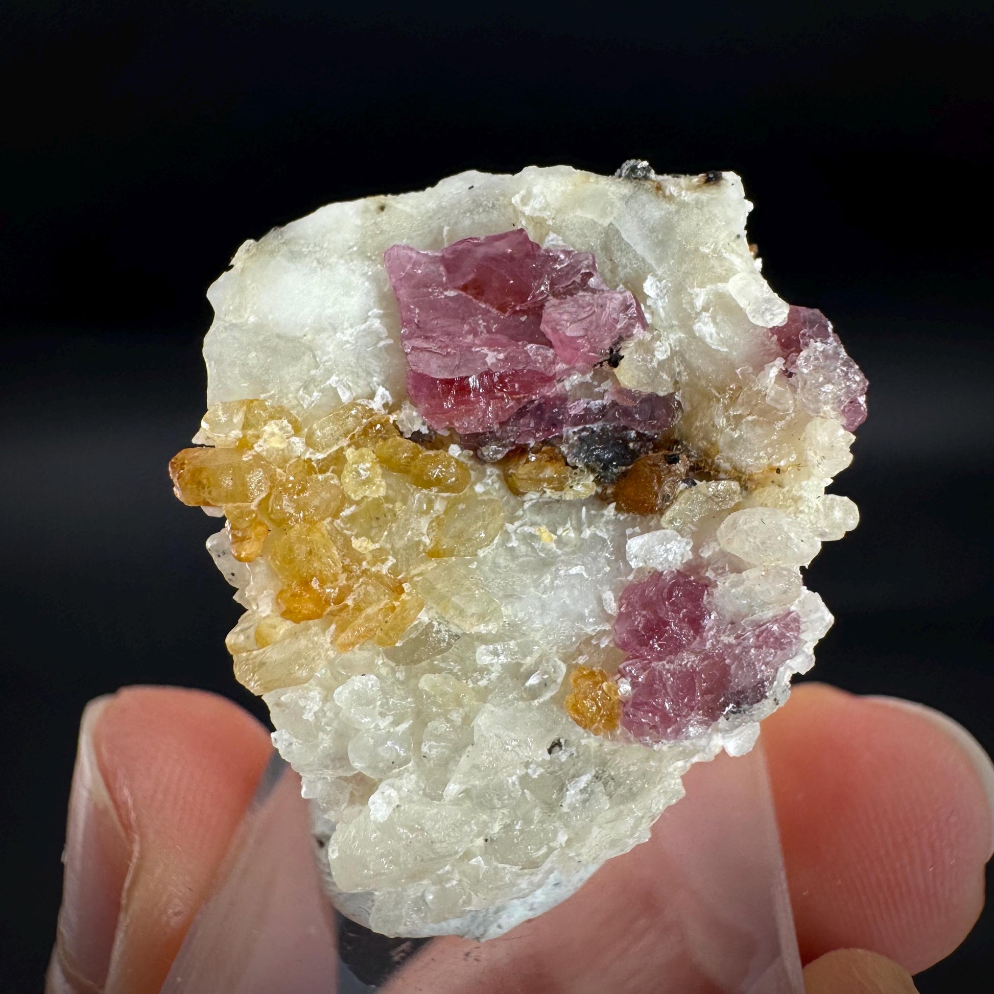 Spinel & Orange Titanite on Calcite Matrix | Natural red UV reactive crystal, mineral specimen from Afghanistan