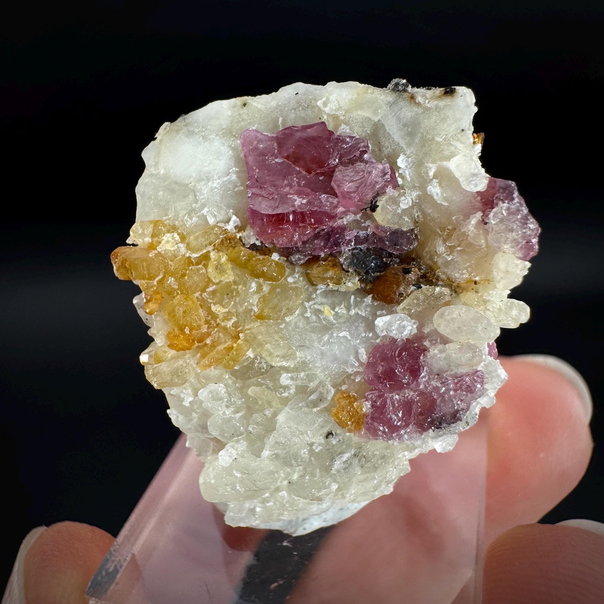 Spinel & Orange Titanite on Calcite Matrix | Natural red UV reactive crystal, mineral specimen from Afghanistan