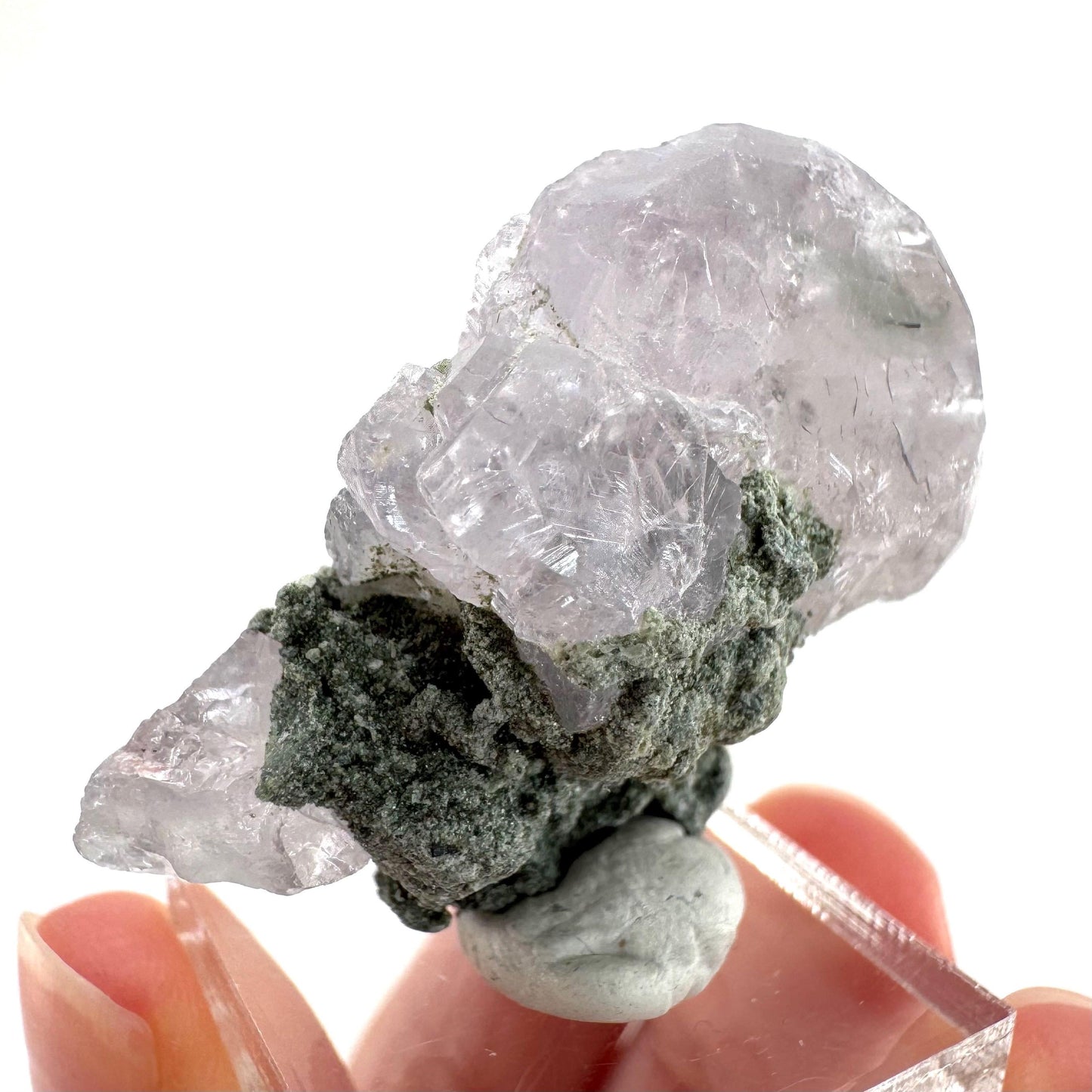 Fluorapatite with Actinolite Inclusions | natural purple crystal, mineral specimen from Pakistan