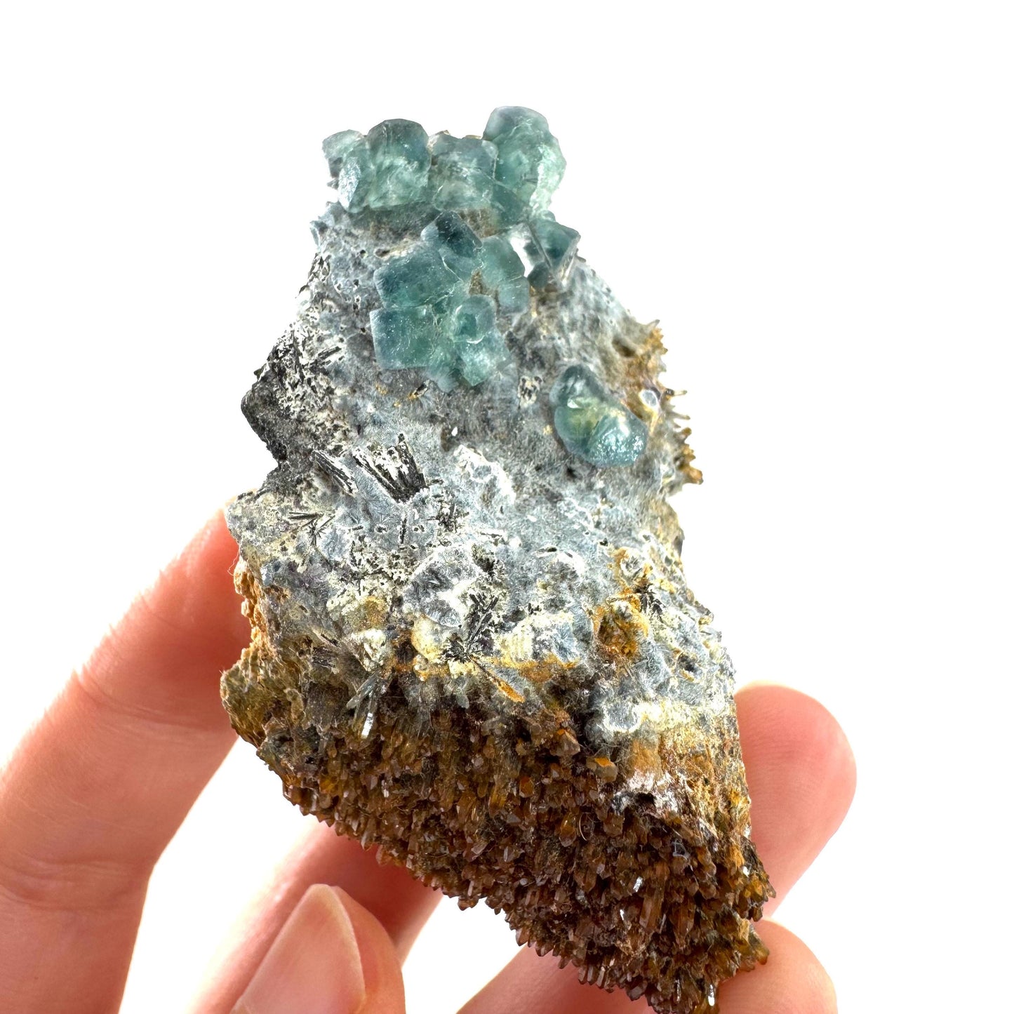 Fluorite, Foitite & Quartz on Feldspar | blue crystal cluster, Erongo mineral specimen