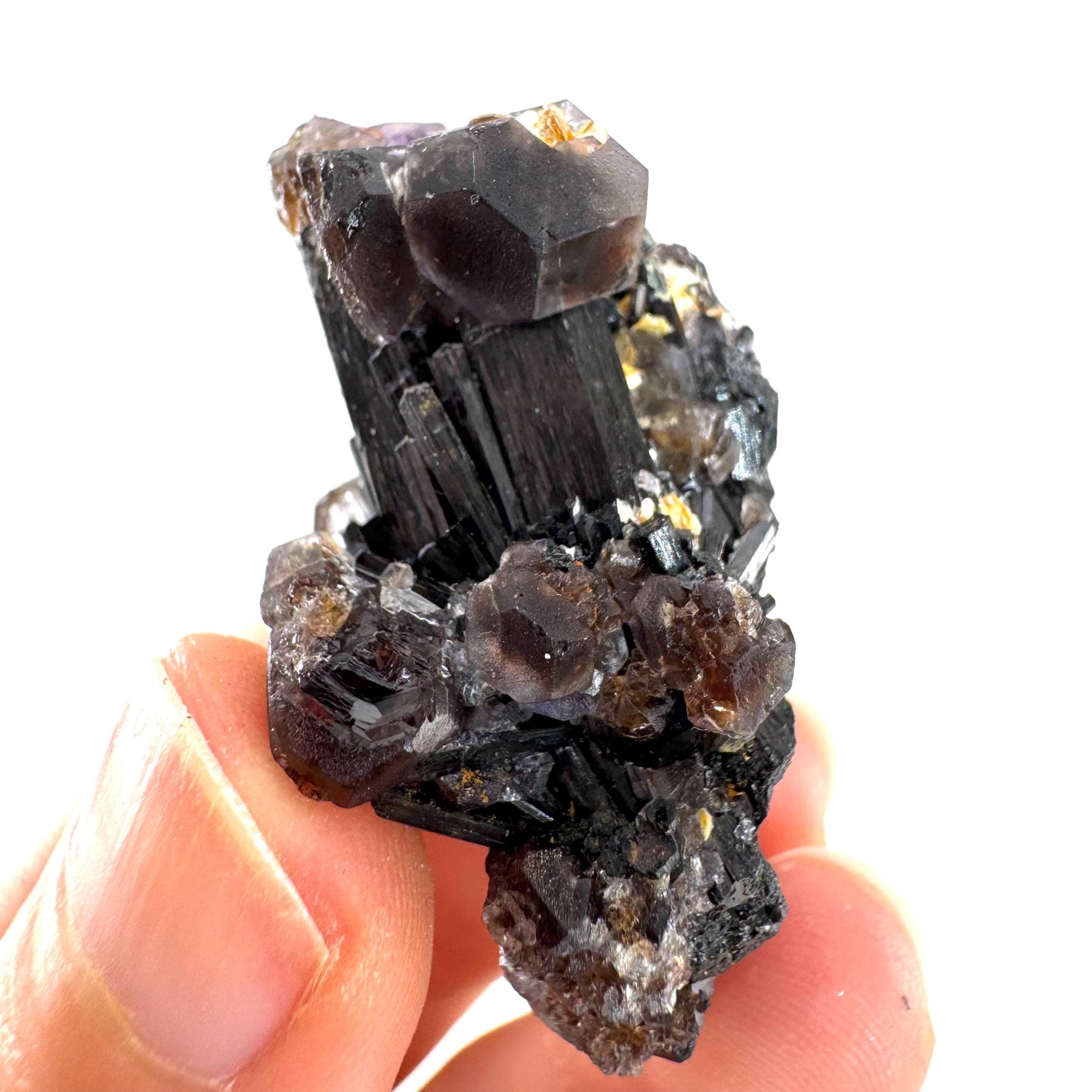 Fluorite & Hyalite Opal on Black Tourmaline | chocolate brown crystal cluster, Erongo mineral specimen