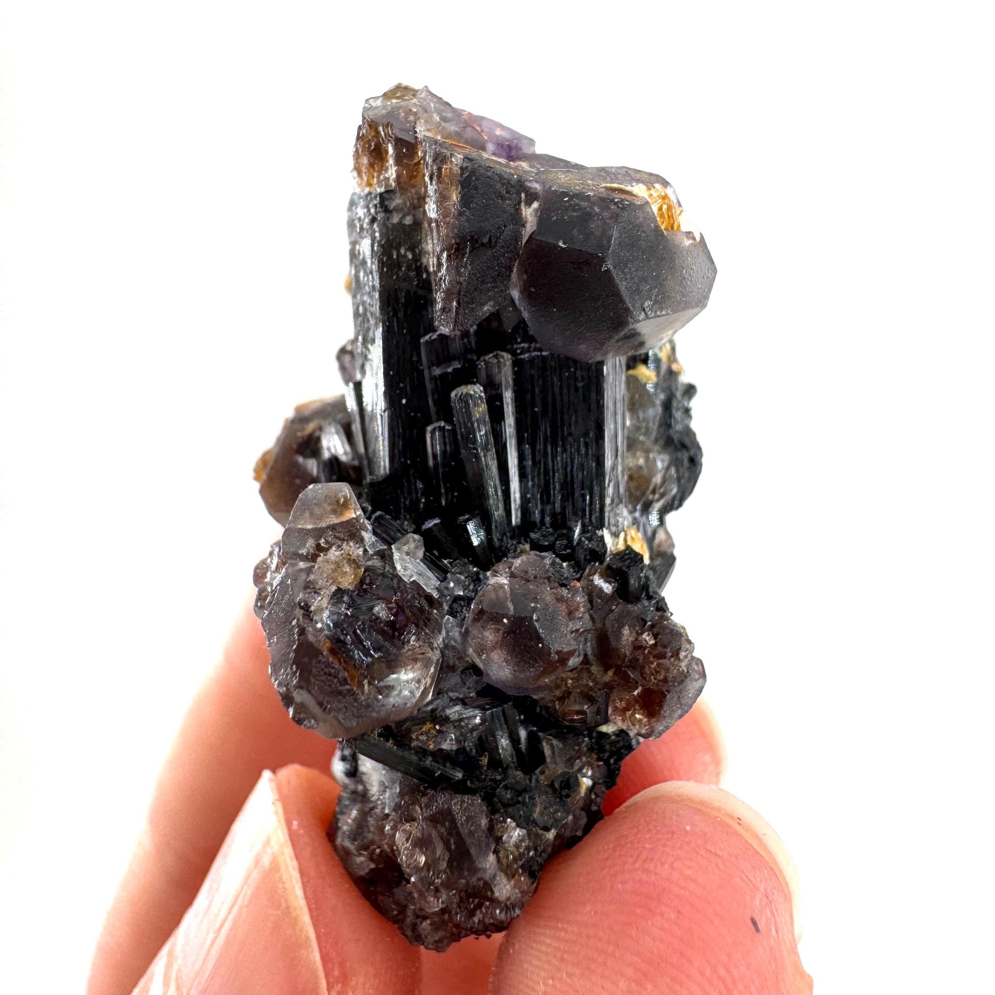 Fluorite & Hyalite Opal on Black Tourmaline | chocolate brown crystal cluster, Erongo mineral specimen