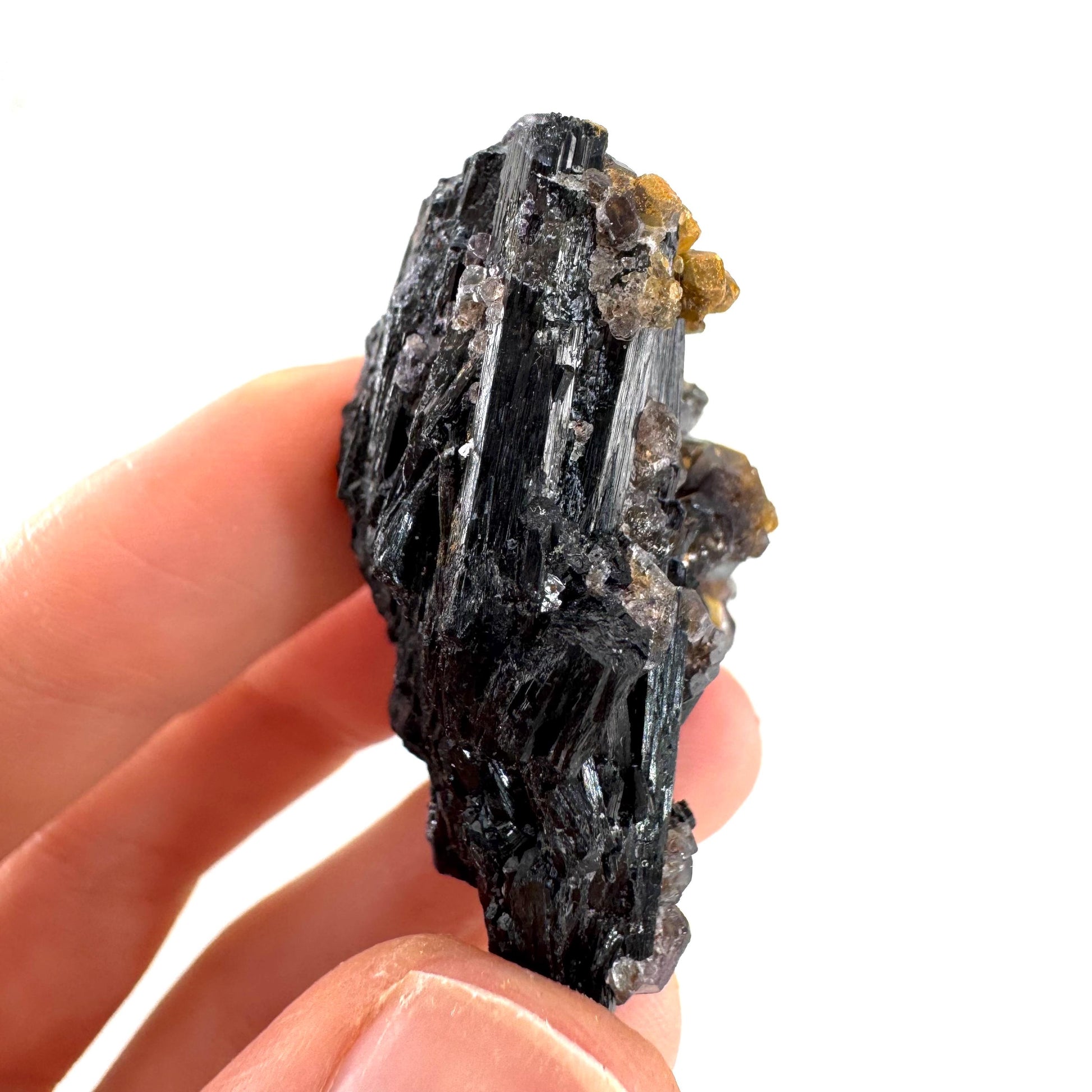 Fluorite & Hyalite Opal on Black Tourmaline | chocolate brown crystal cluster, Erongo mineral specimen