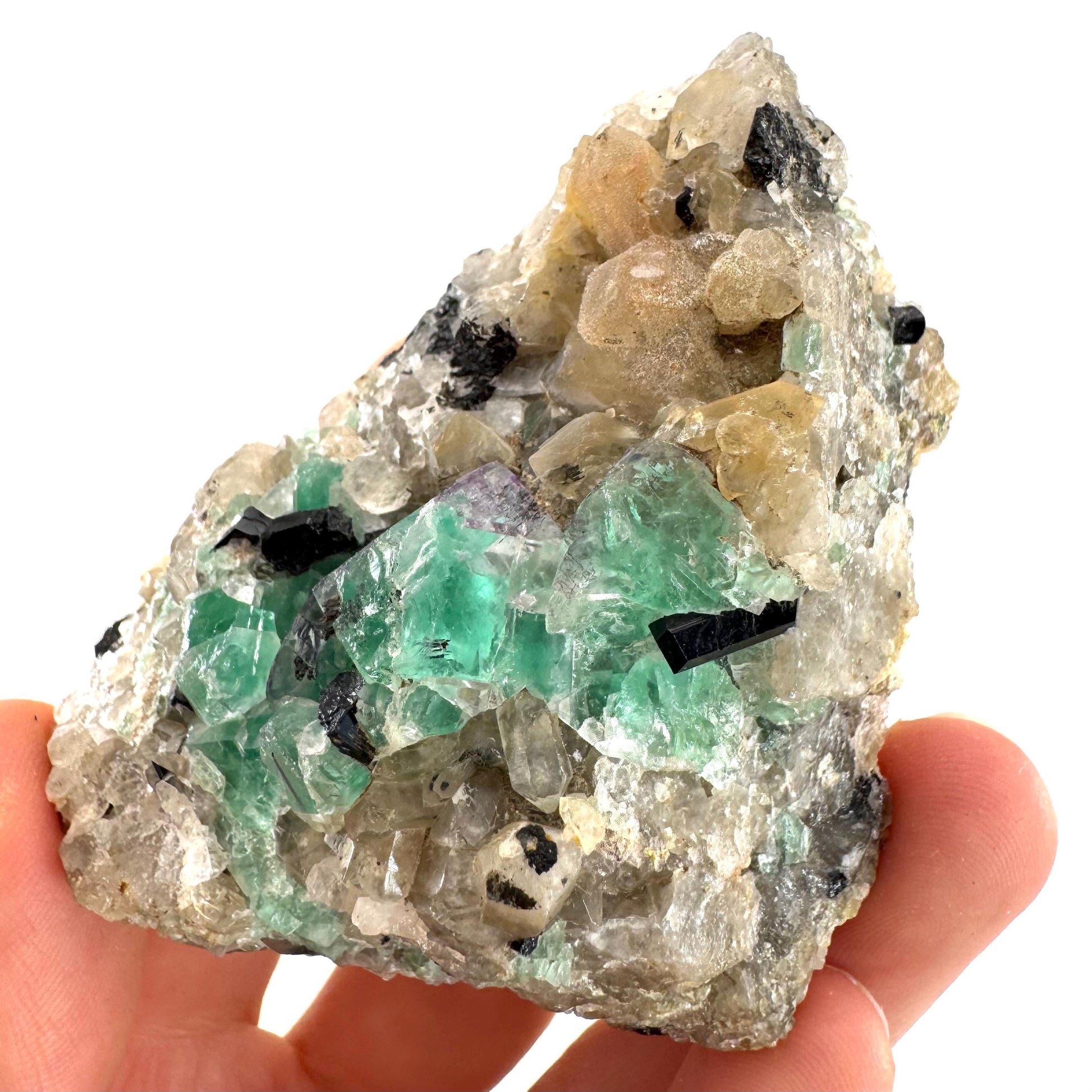 Fluorite w/ Schorl, Quartz & Hyalite Opal | green crystal cluster, Erongo mineral specimen