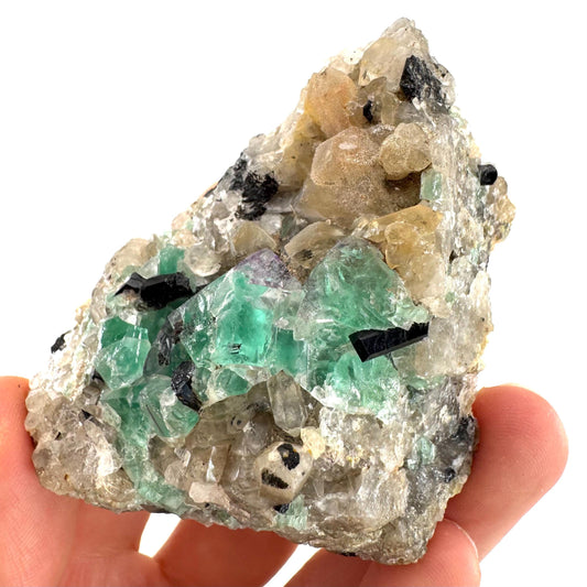 Fluorite w/ Schorl, Quartz & Hyalite Opal | green crystal cluster, Erongo mineral specimen