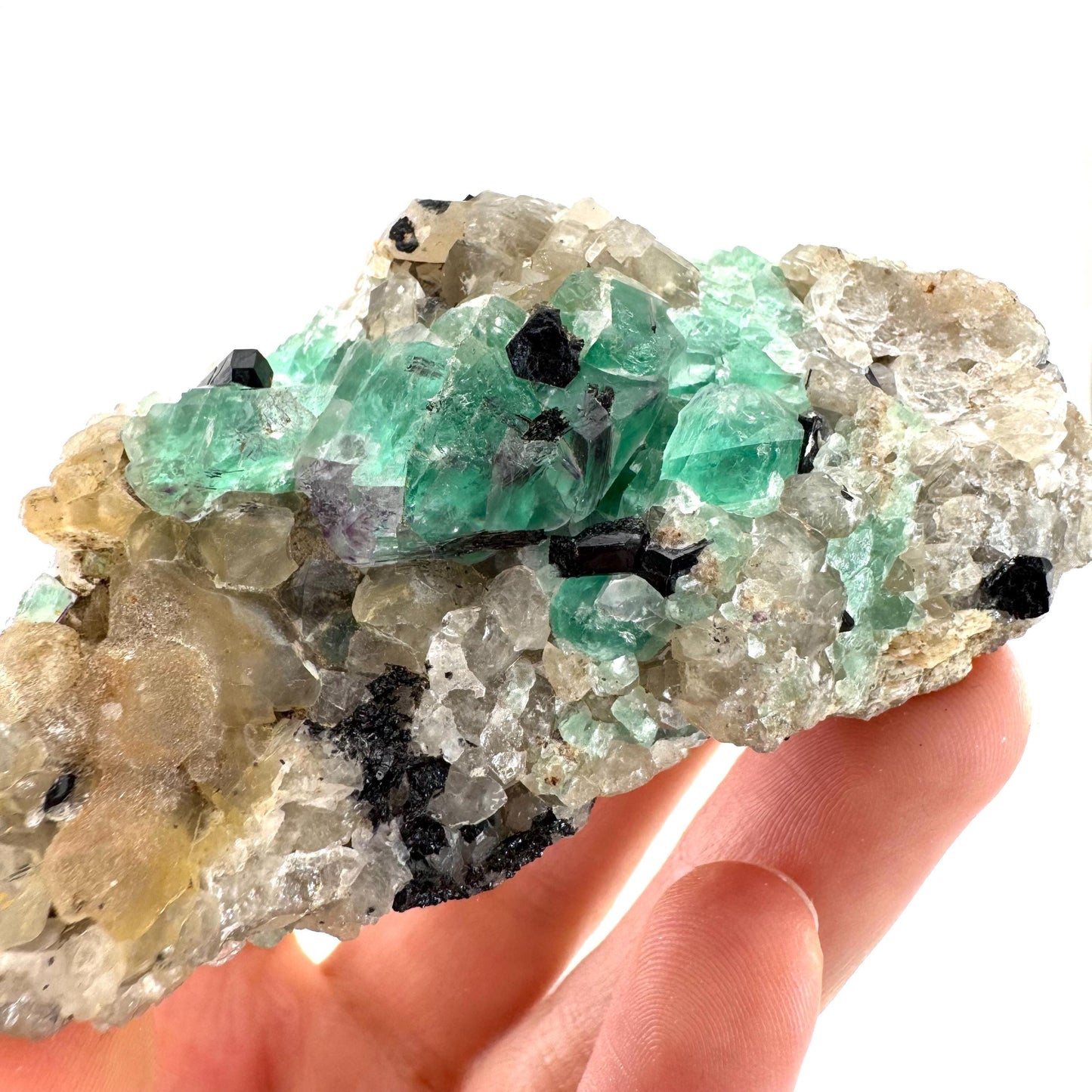 Fluorite w/ Schorl, Quartz & Hyalite Opal | green crystal cluster, Erongo mineral specimen