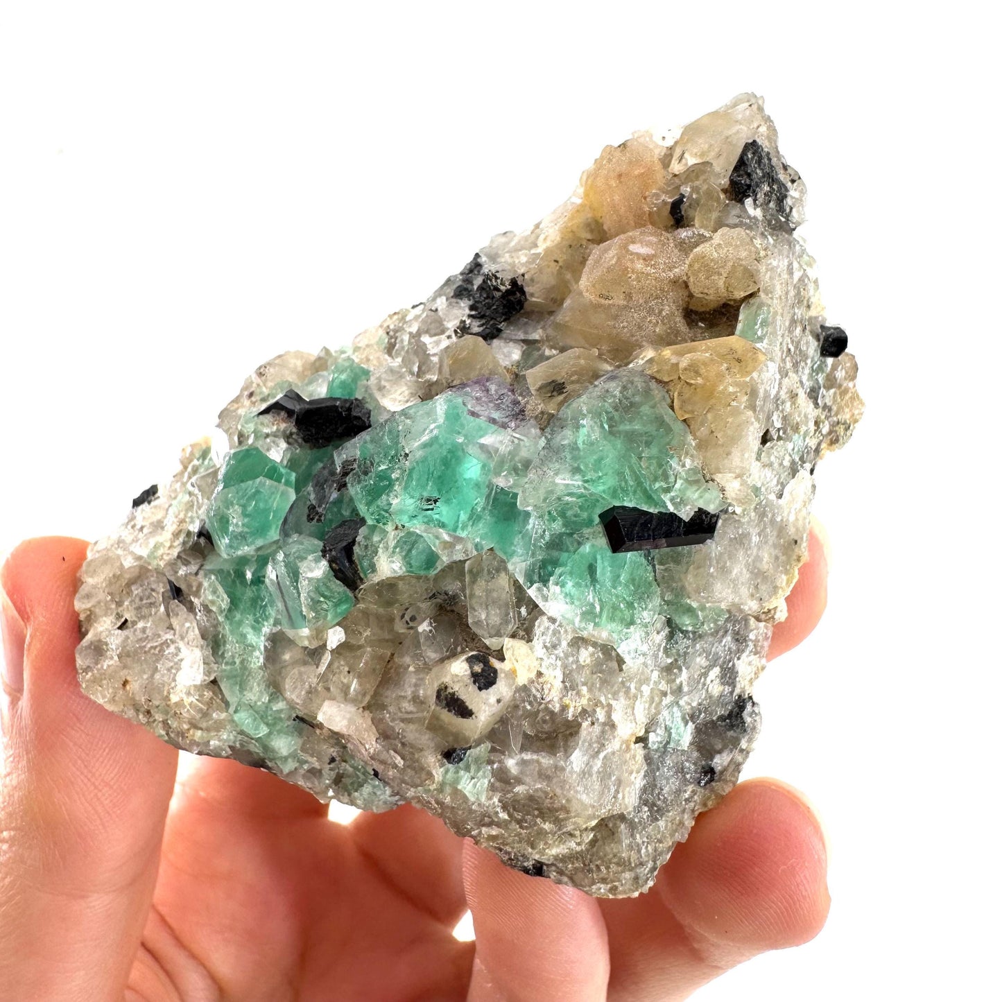 Fluorite w/ Schorl, Quartz & Hyalite Opal | green crystal cluster, Erongo mineral specimen