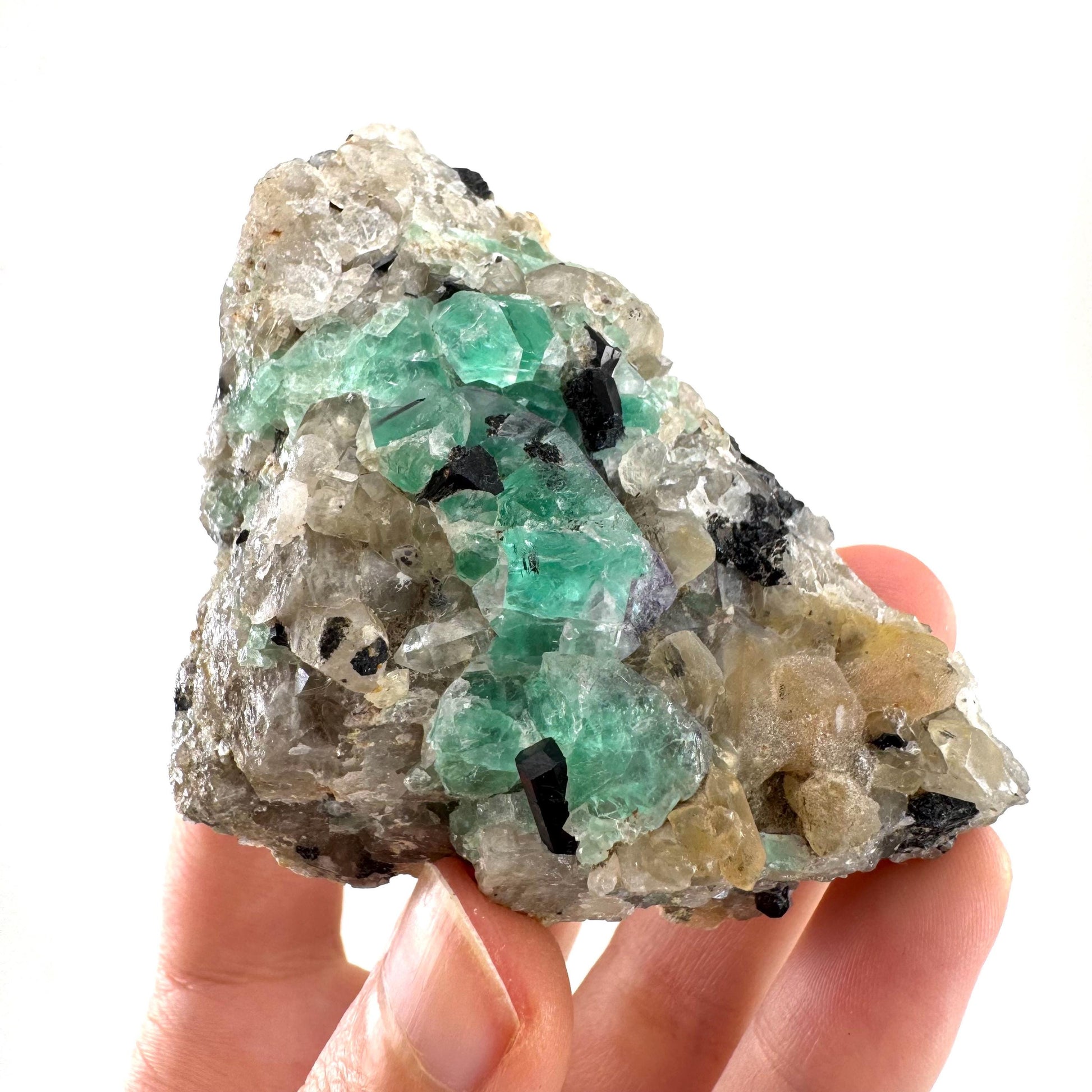 Fluorite w/ Schorl, Quartz & Hyalite Opal | green crystal cluster, Erongo mineral specimen