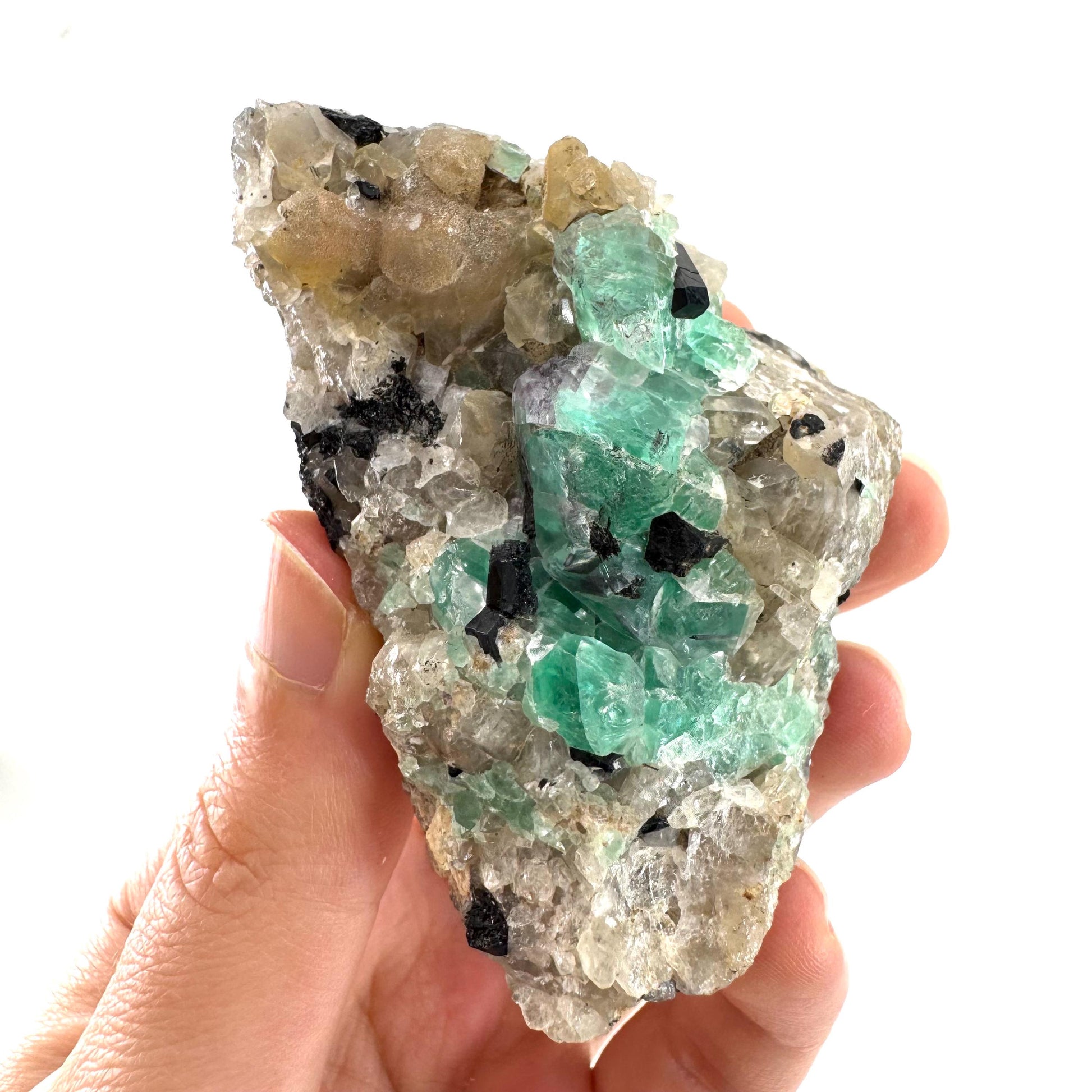 Fluorite w/ Schorl, Quartz & Hyalite Opal | green crystal cluster, Erongo mineral specimen