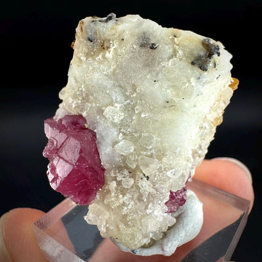 Spinel & Orange Titanite on Calcite Matrix | Natural red UV reactive crystal, mineral specimen from Afghanistan