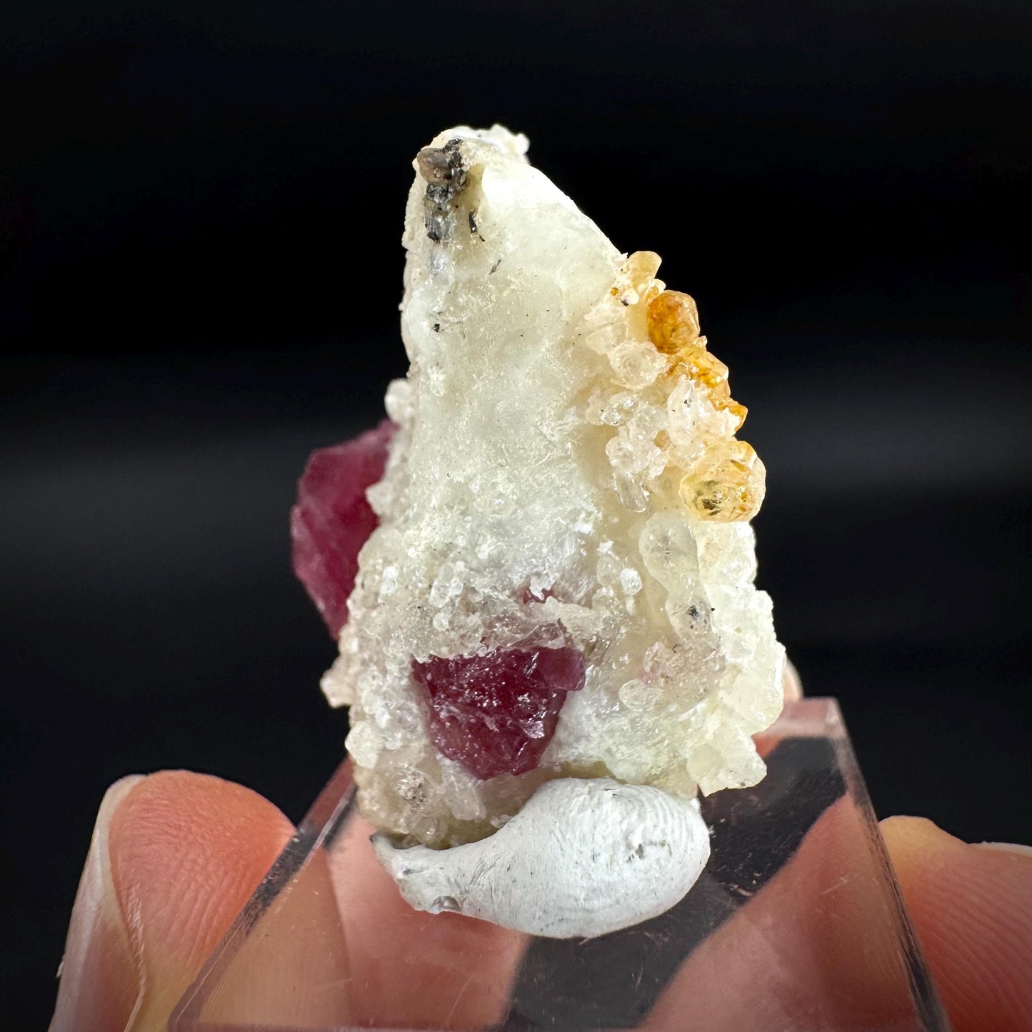 Spinel & Orange Titanite on Calcite Matrix | Natural red UV reactive crystal, mineral specimen from Afghanistan