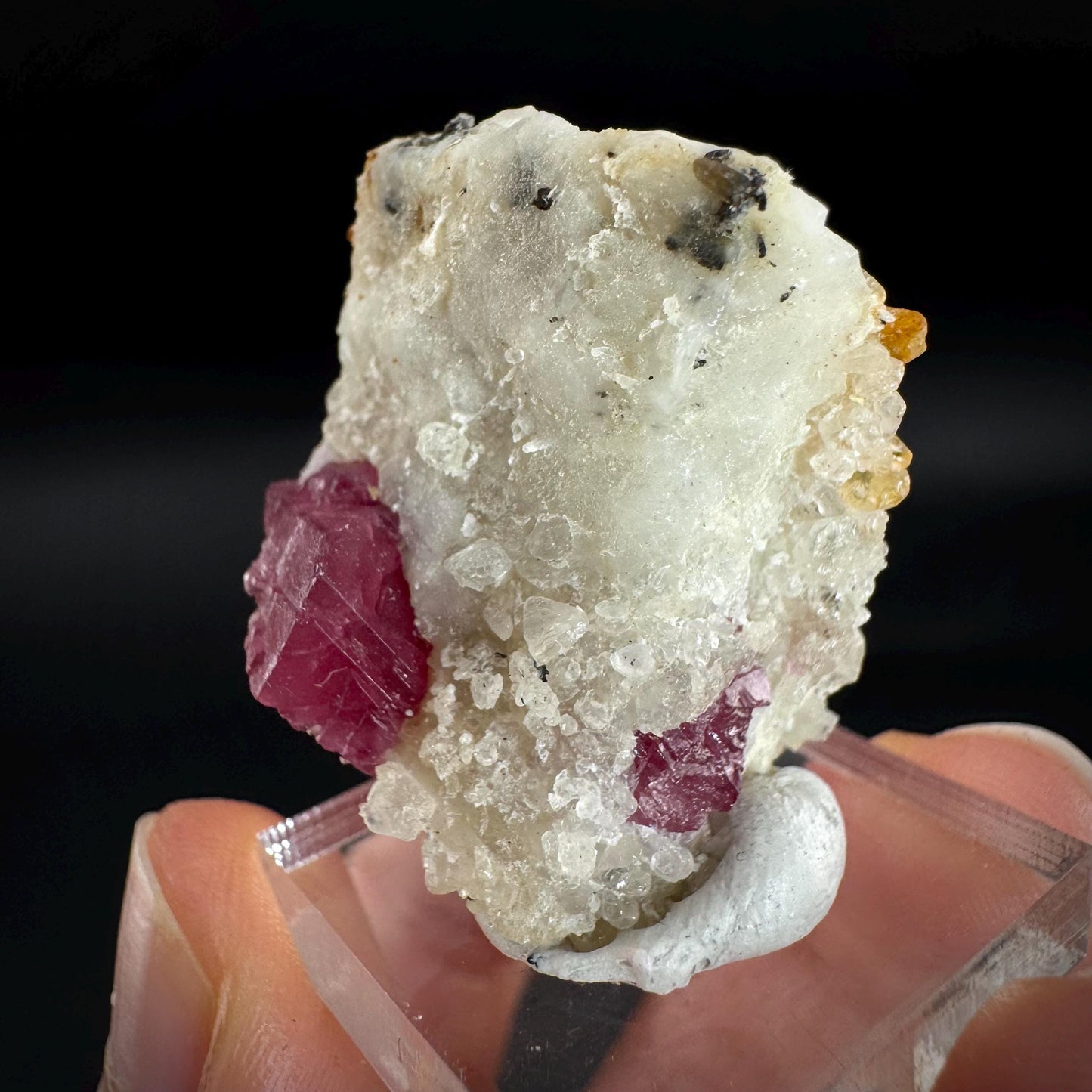 Spinel & Orange Titanite on Calcite Matrix | Natural red UV reactive crystal, mineral specimen from Afghanistan