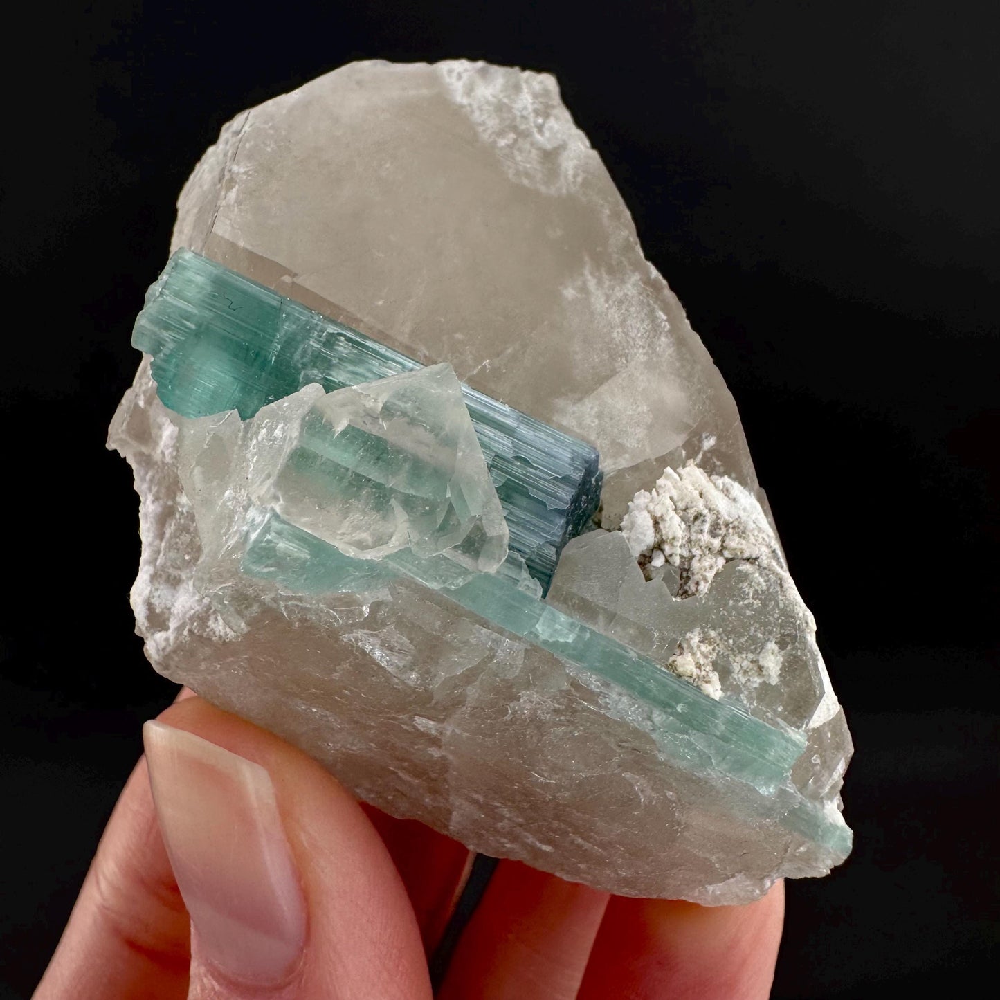 Indicolite Tourmaline on Quartz | Natural Green Crystal, Mineral Specimen from Pakistan