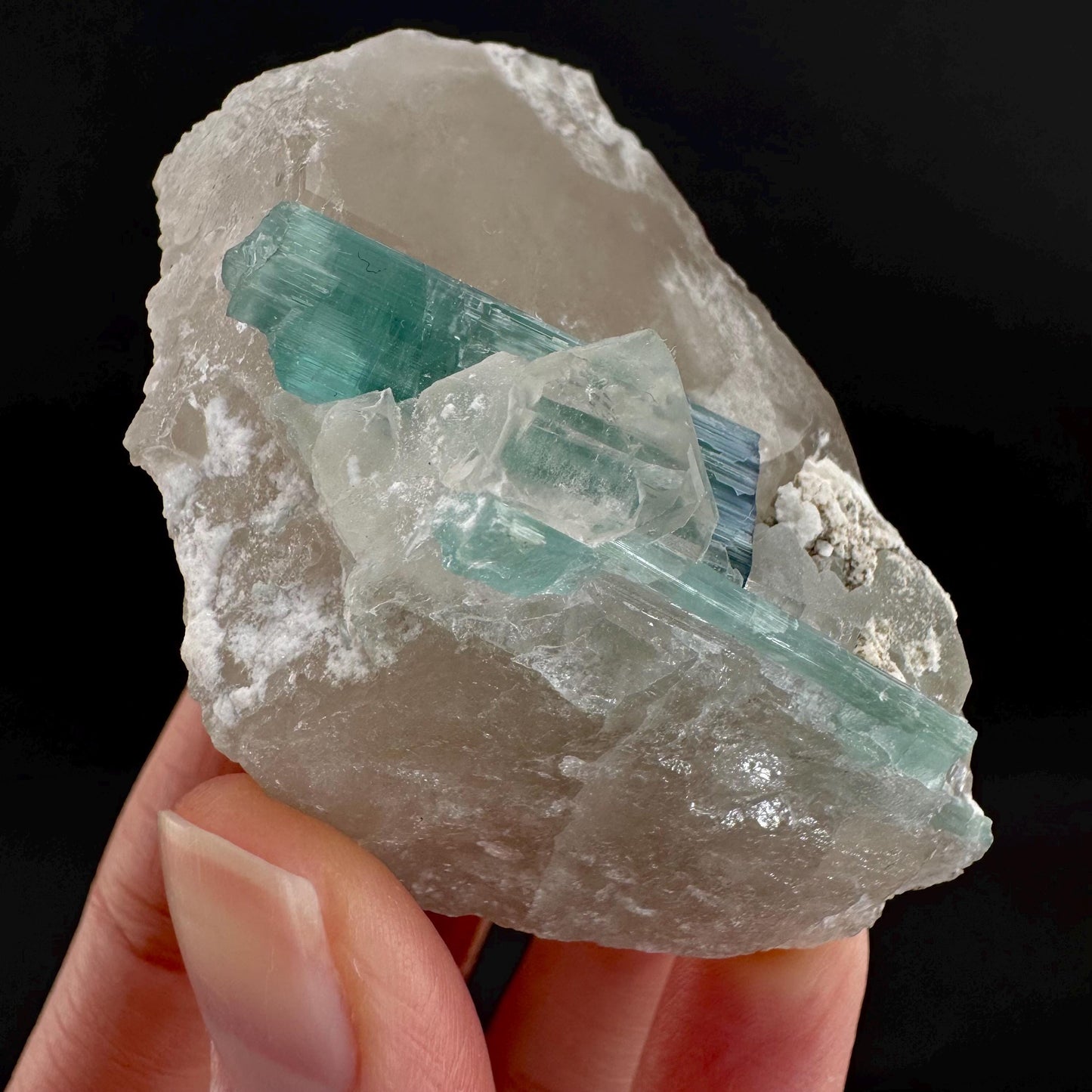 Indicolite Tourmaline on Quartz | Natural Green Crystal, Mineral Specimen from Pakistan