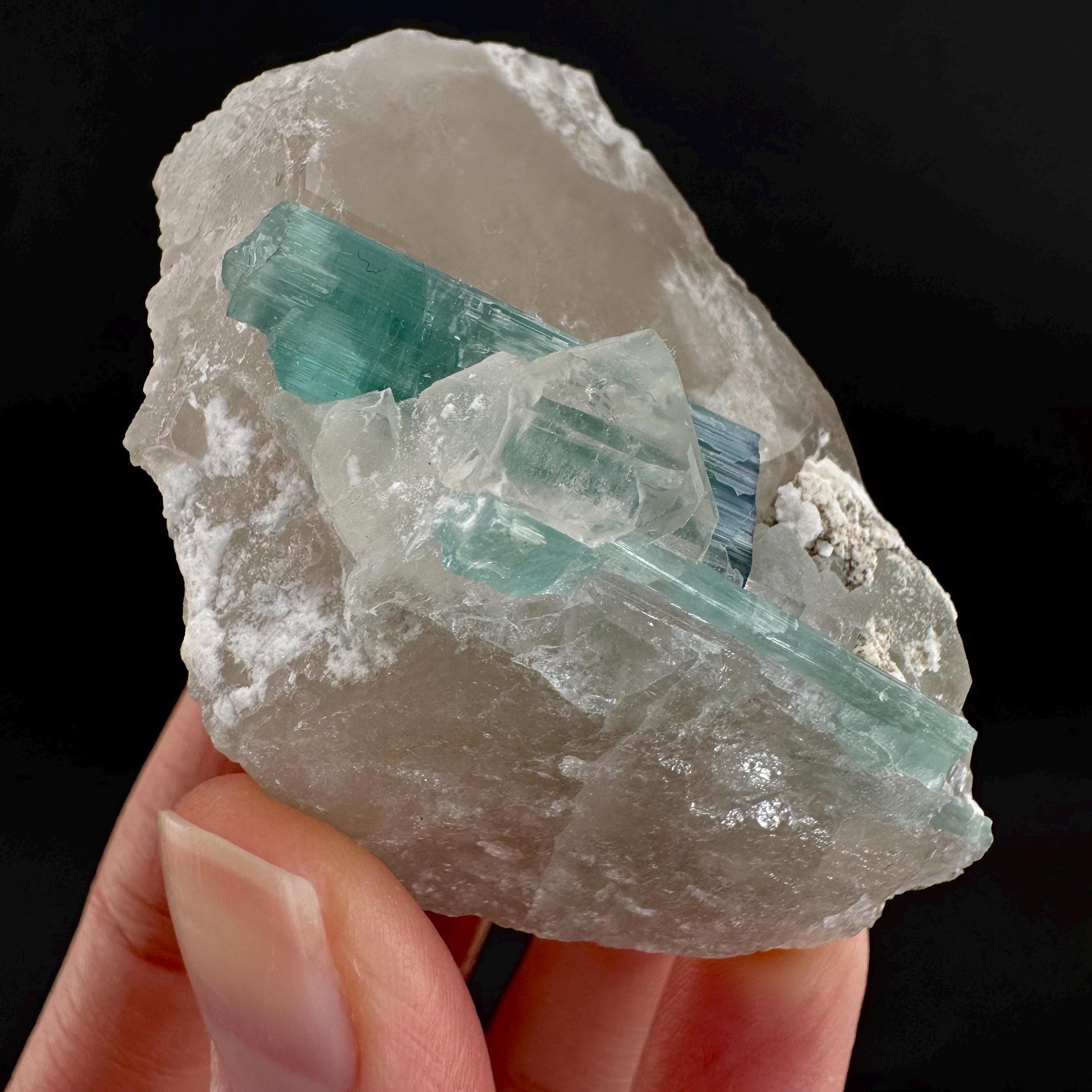 Indicolite Tourmaline on Quartz | Natural Green Crystal, Mineral Specimen from Pakistan