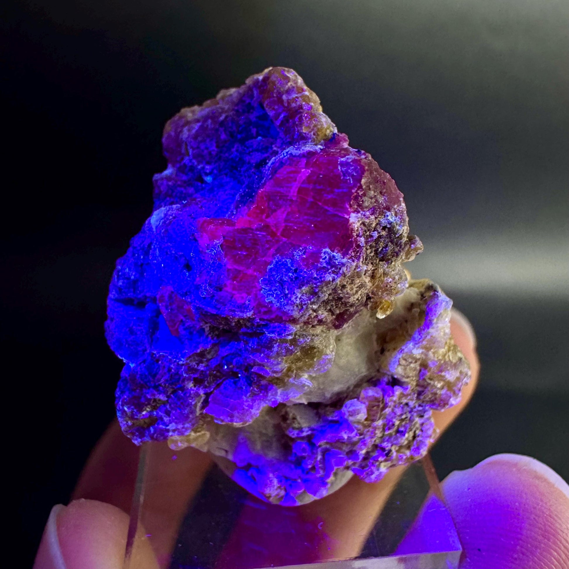 Spinel on Calcite Matrix | Natural red UV reactive crystal, mineral specimen from Afghanistan